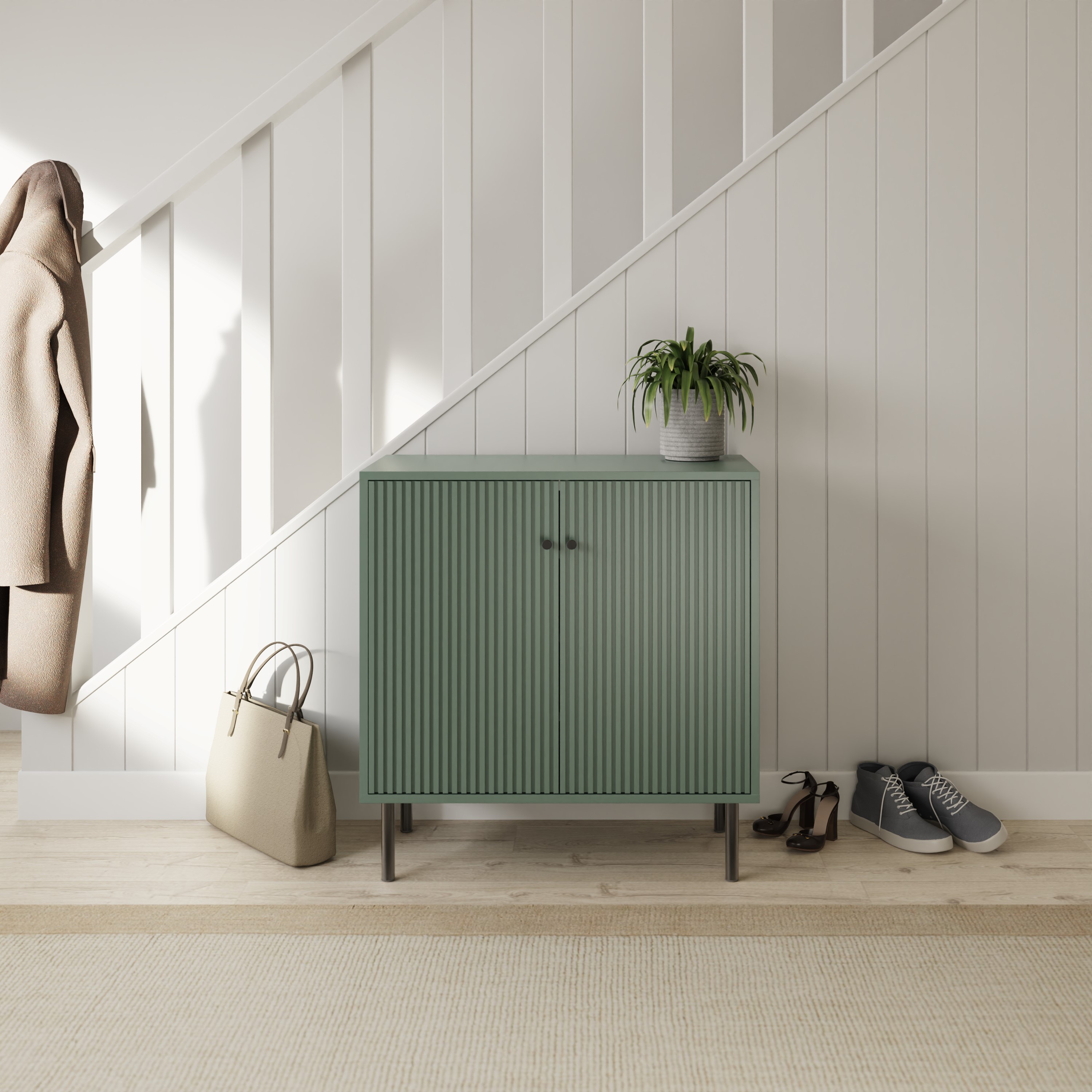 2 Door Ribbed Front Design Shoe Storage Cabinet with Adjustable Shelves - Green - Campbell Craft
