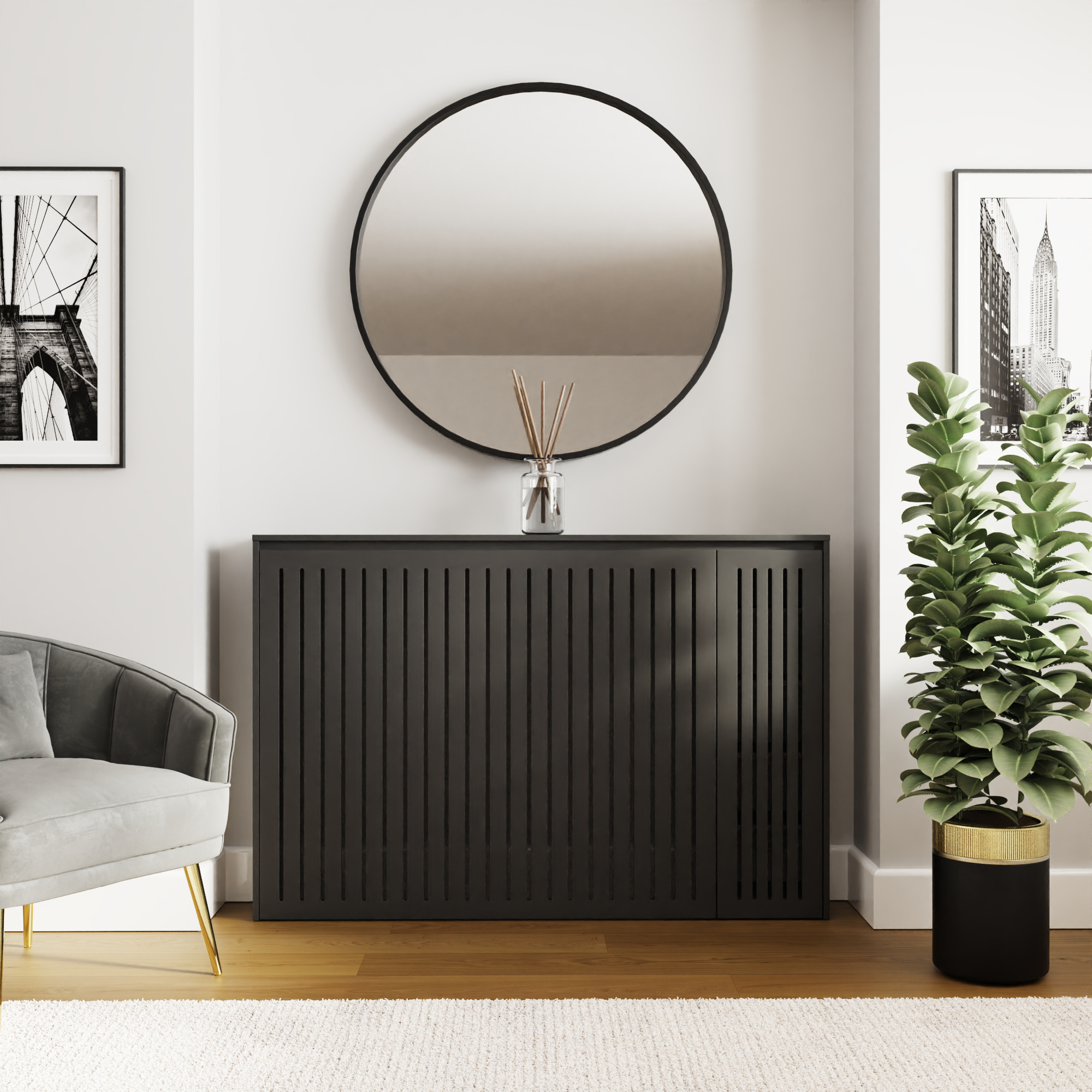 COREL Radiator Cover with Vertical Slats and Side Shelving - Black - Campbell Craft