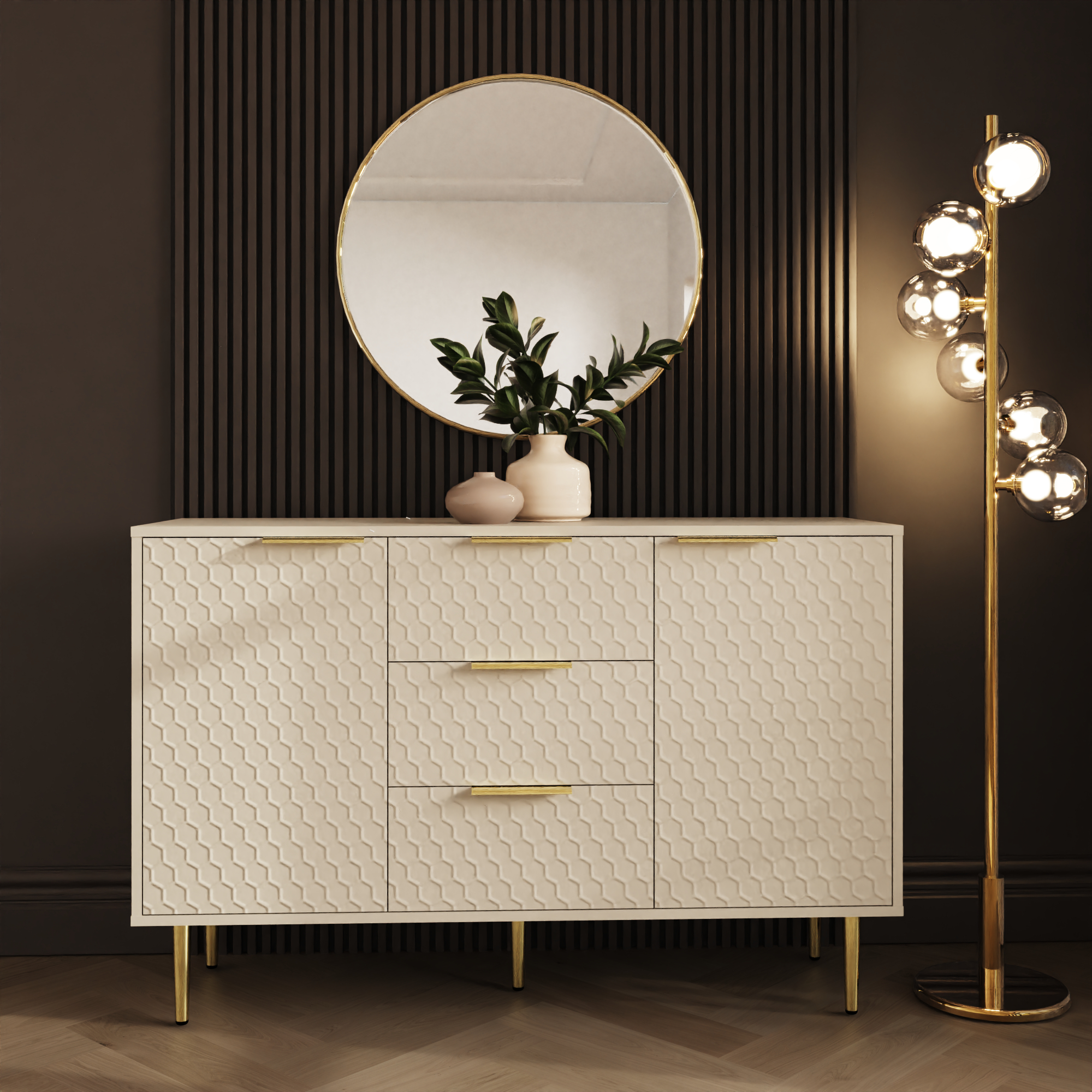 AZIEL Large 2 Door Sideboard with 3 Drawers - Ivory - Campbell Craft