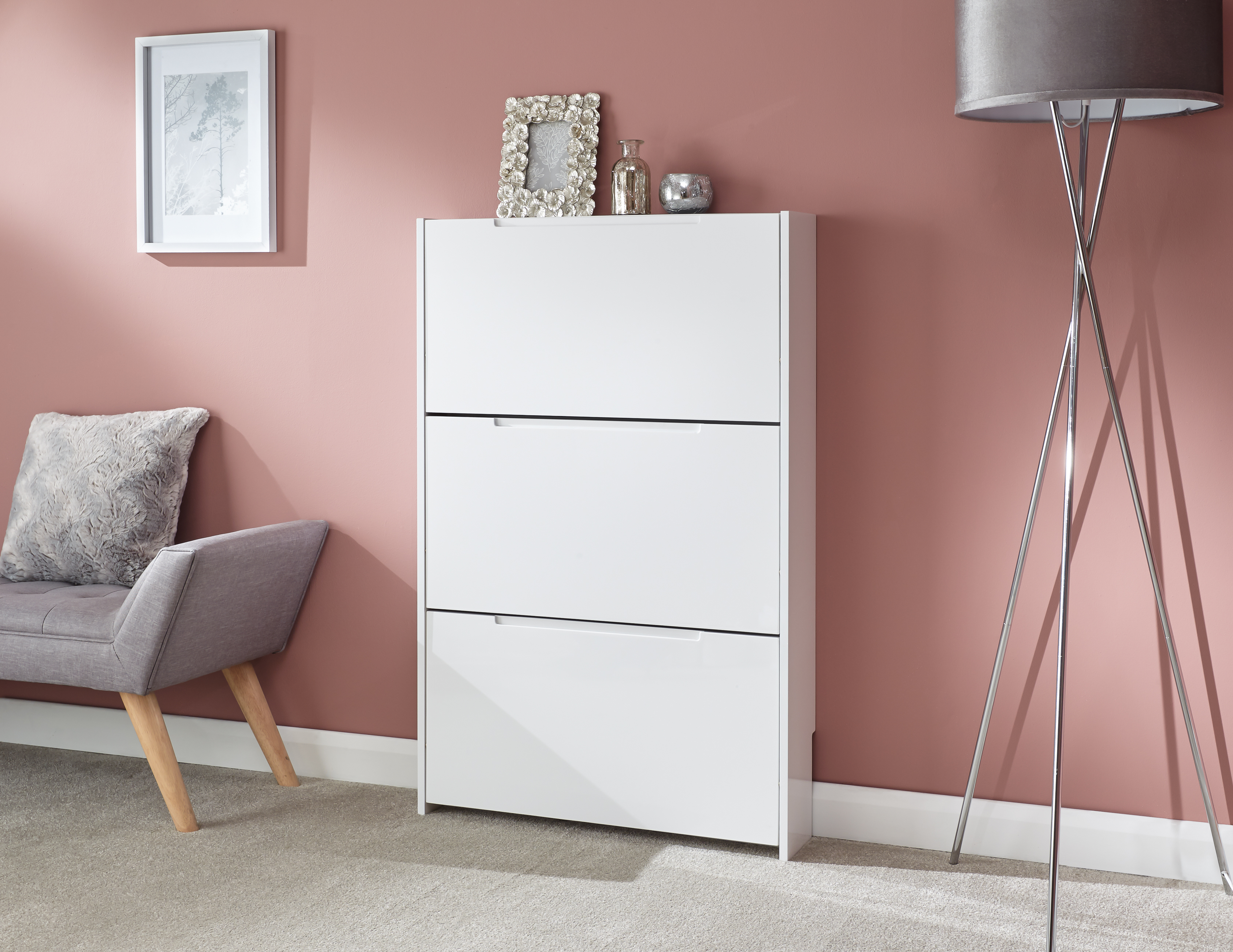 Narrow High Gloss 3 Tier Shoe Cabinet White - Campbell Craft