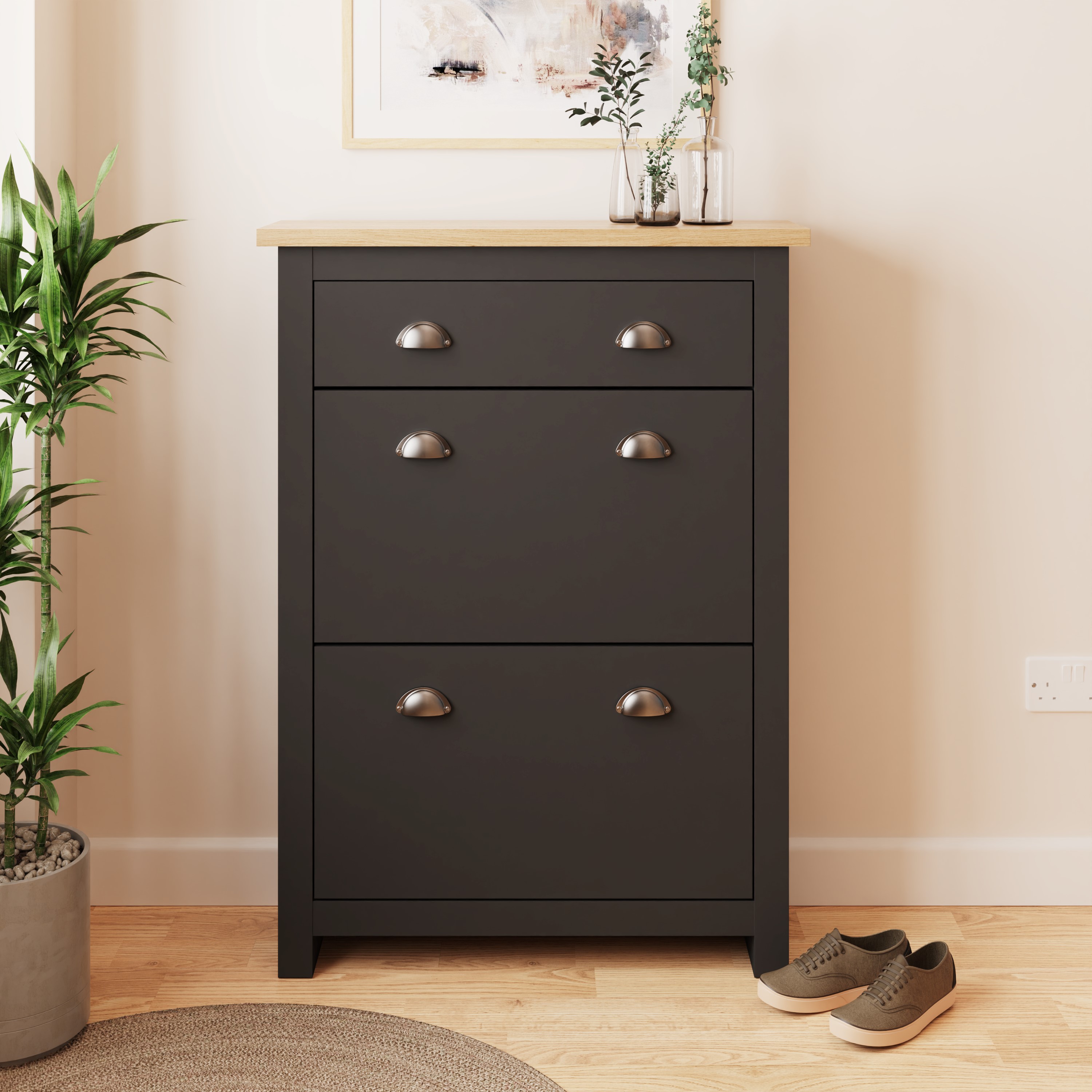LEVIS Black Shoe Cabinet - Large-sized, 2 Door, 1 Drawer, 12 Pair Storage - Campbell Craft