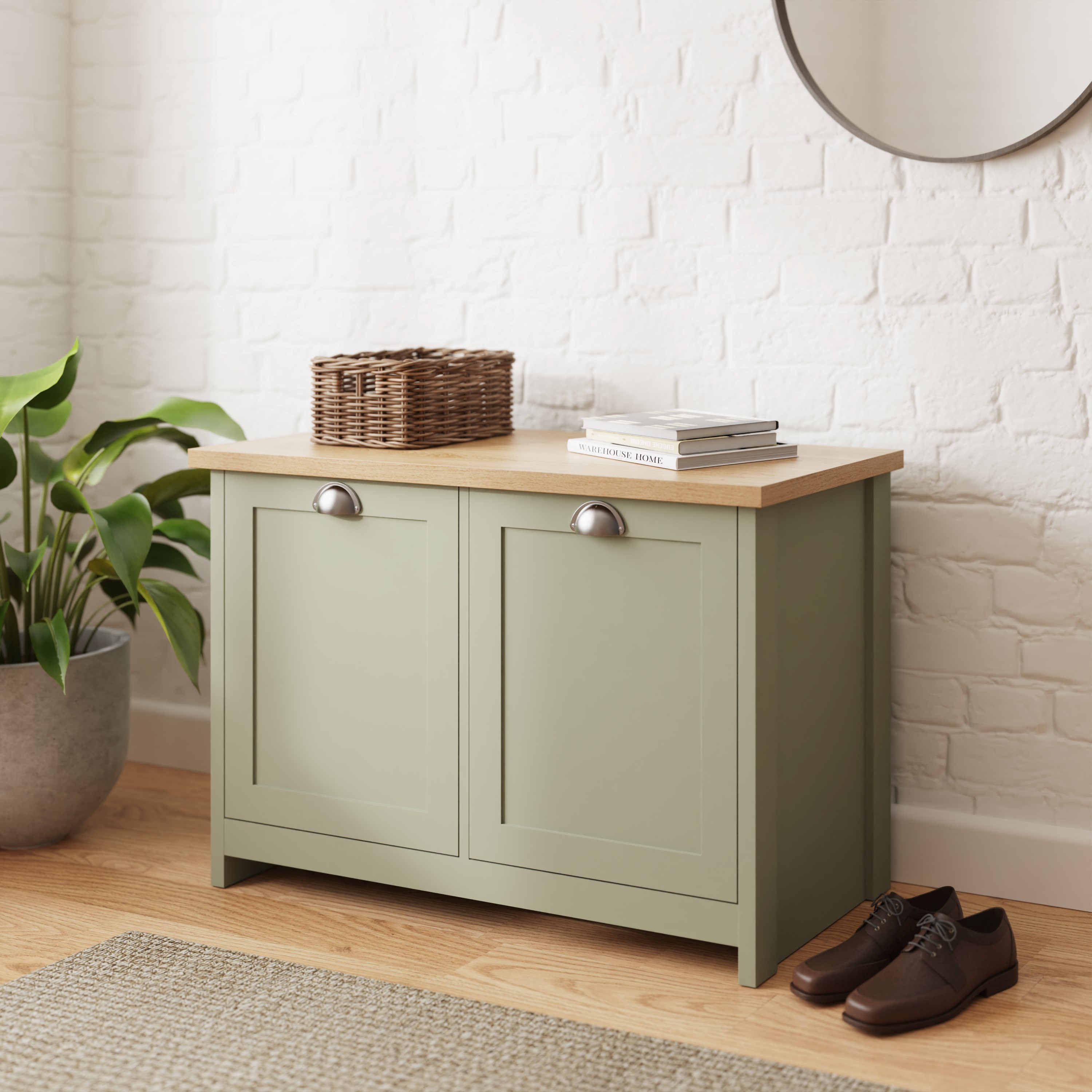 Shoes Cabinet - Antony Shoe Storage with Two Door Sage Green and Oak - Campbell Craft