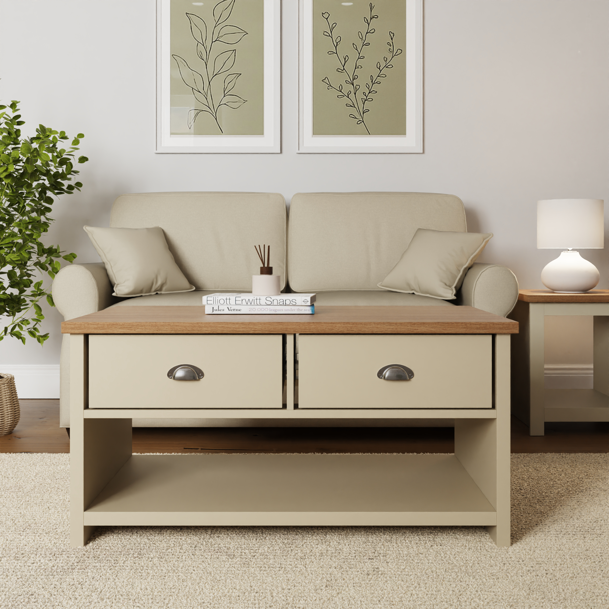 Lancaster 2 Drawer Coffee Table - Cream - Campbell Craft