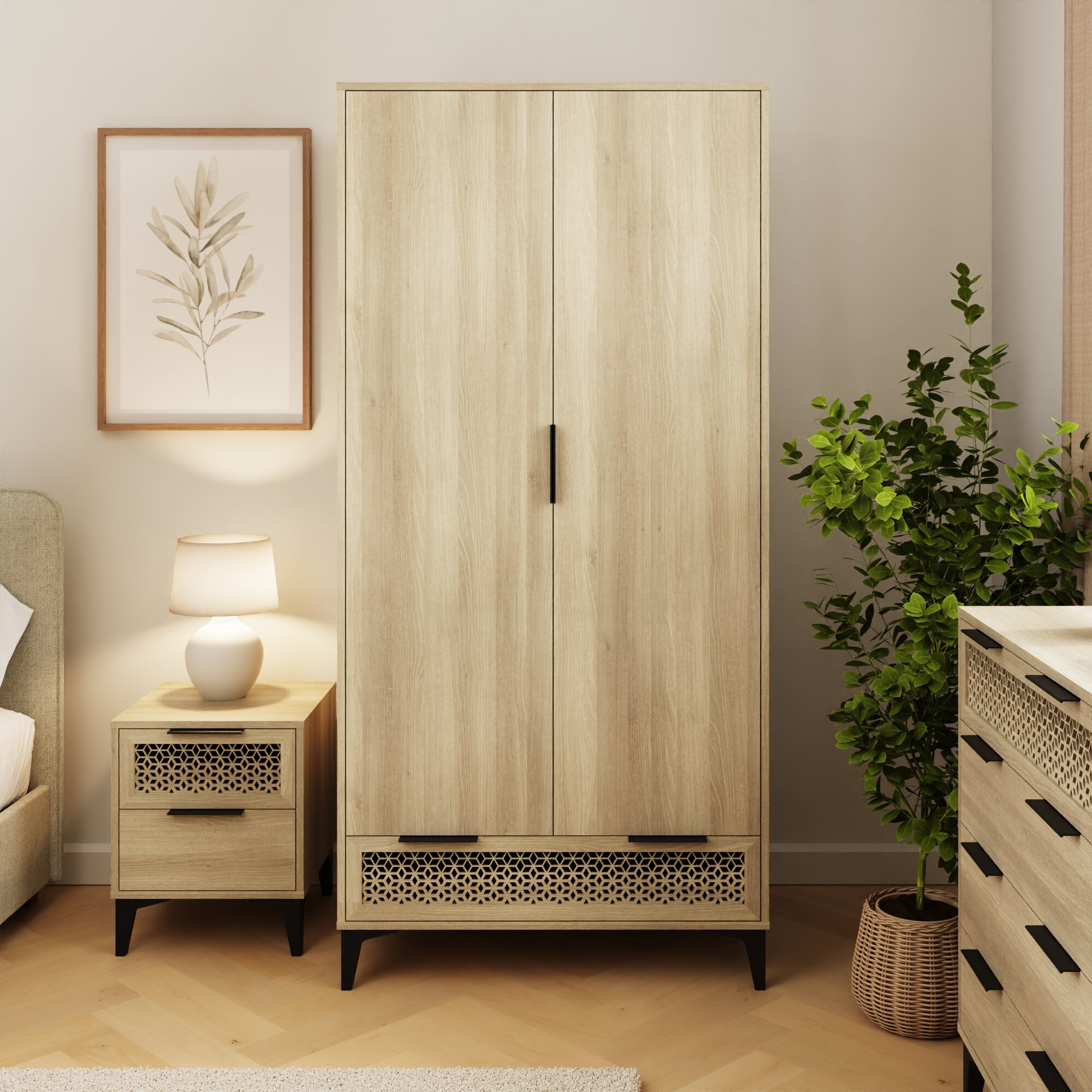 Wardrobe - EZLON 2 Door 1 Drawer Wardrobe Oak - 83cm - Campbell Craft