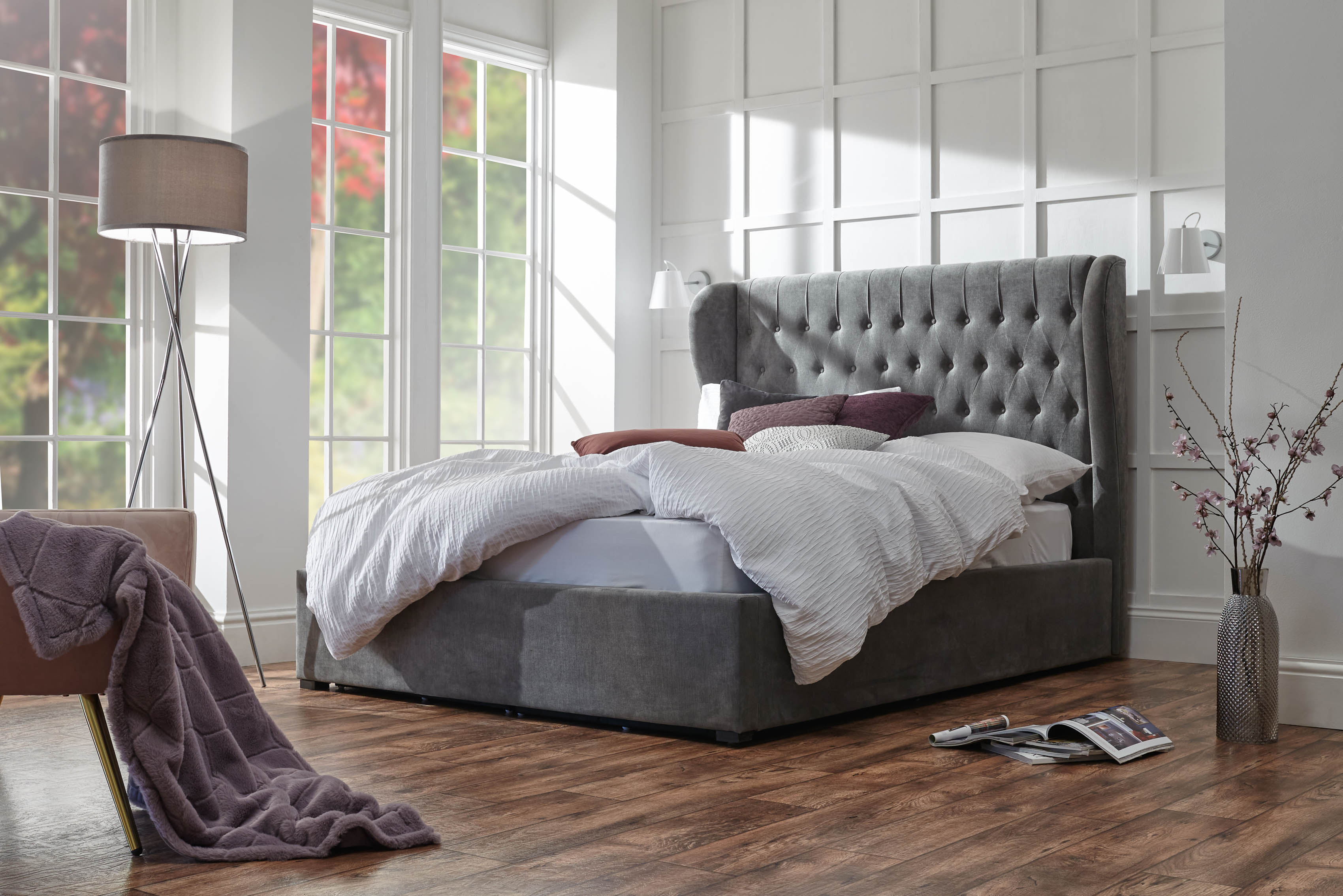 Dakota Pewter Winged Ottoman Bed Frame - Kingsize 5ft - Campbell Craft
