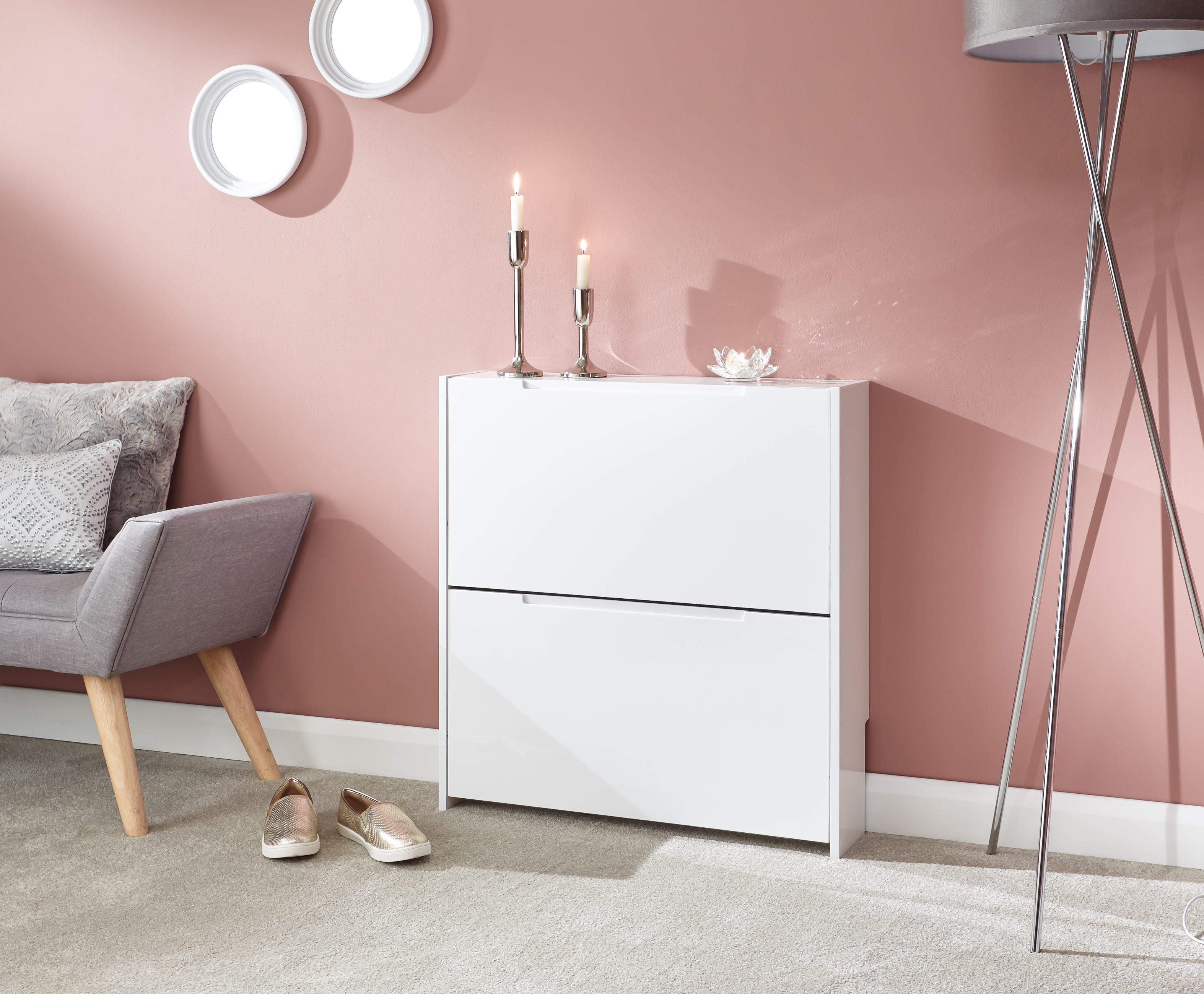 Narrow High Gloss 2 Tier Shoe Cabinet White - Campbell Craft