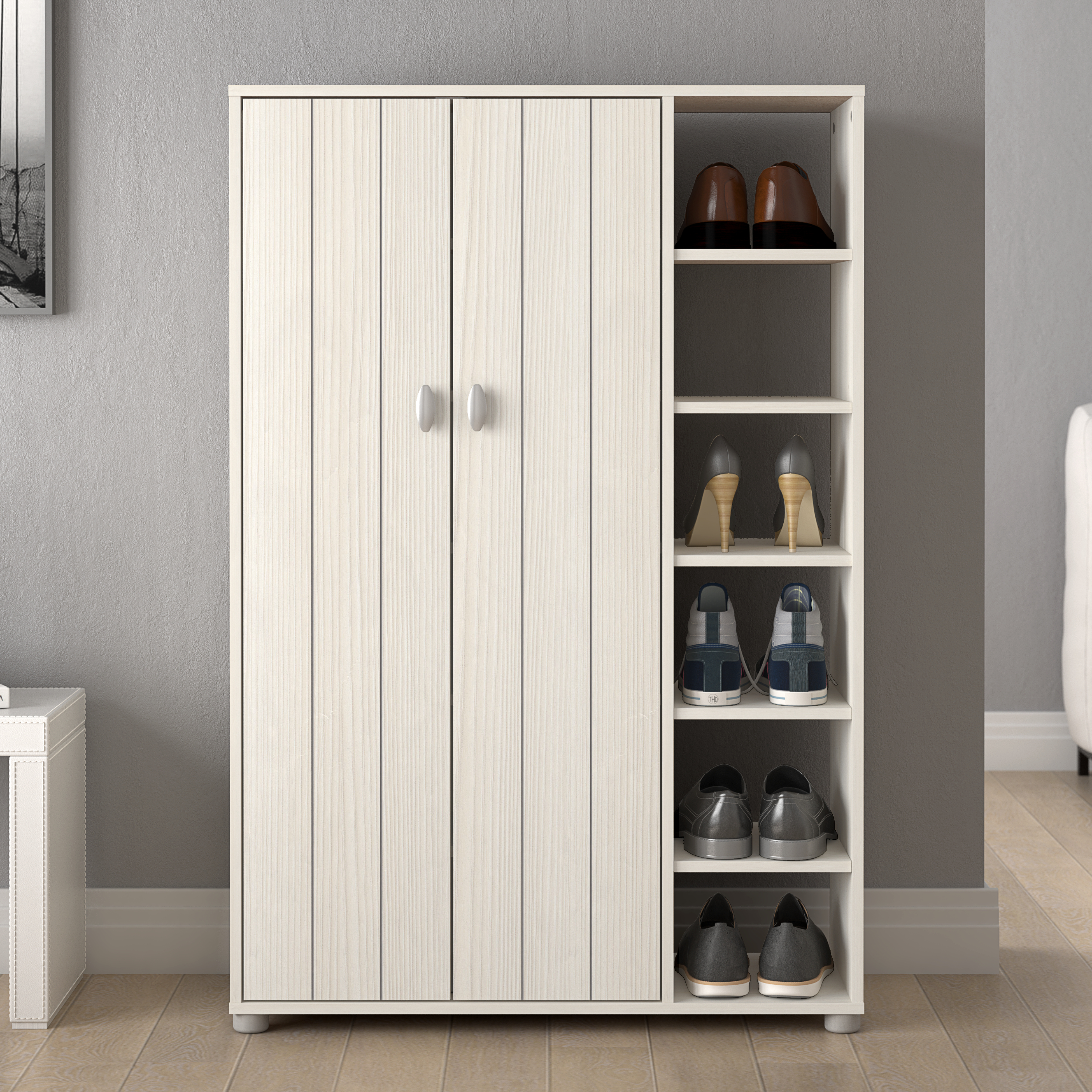 Stylish Design 2 Doors with Open Shelves Shoe Cabinet - White - Campbell Craft