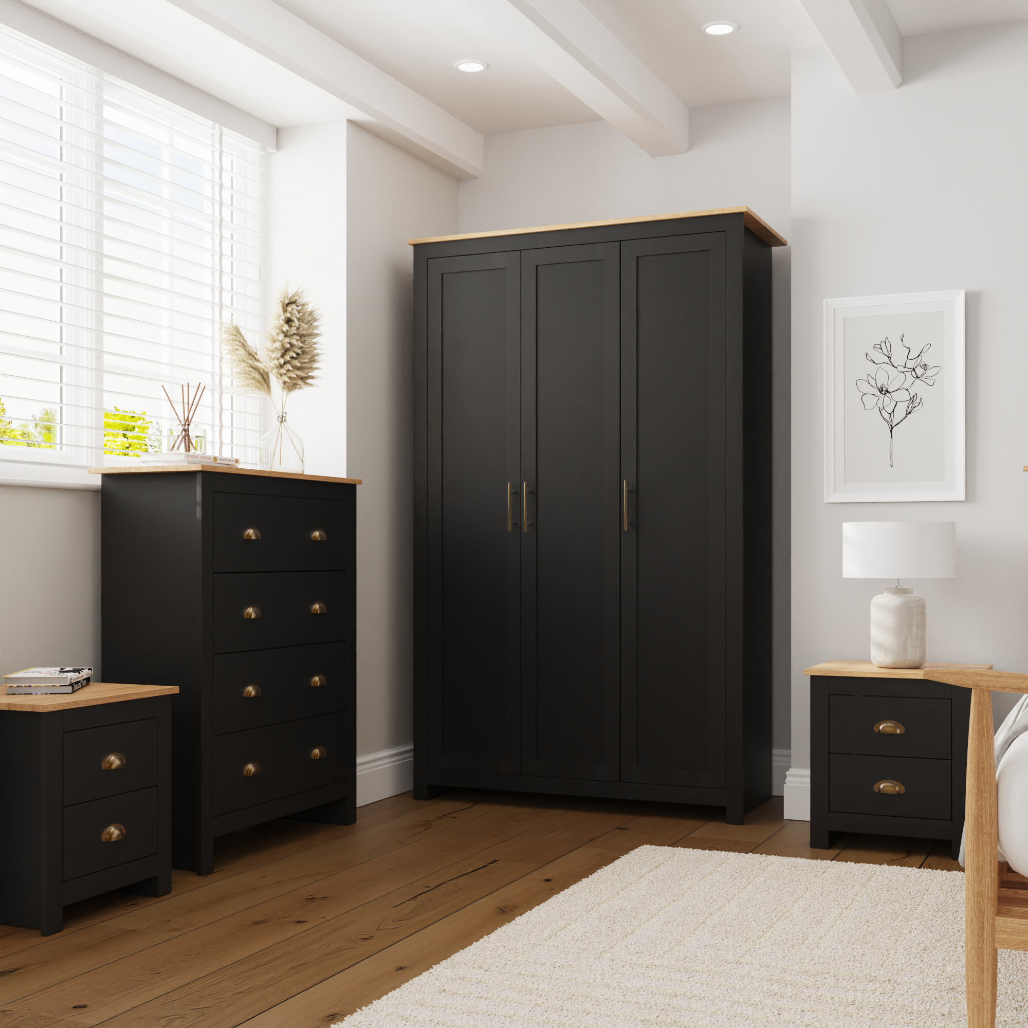 Wardrobe Set - LEVIS 3 Door Bedroom Set 4 Piece Matt Black - Campbell Craft