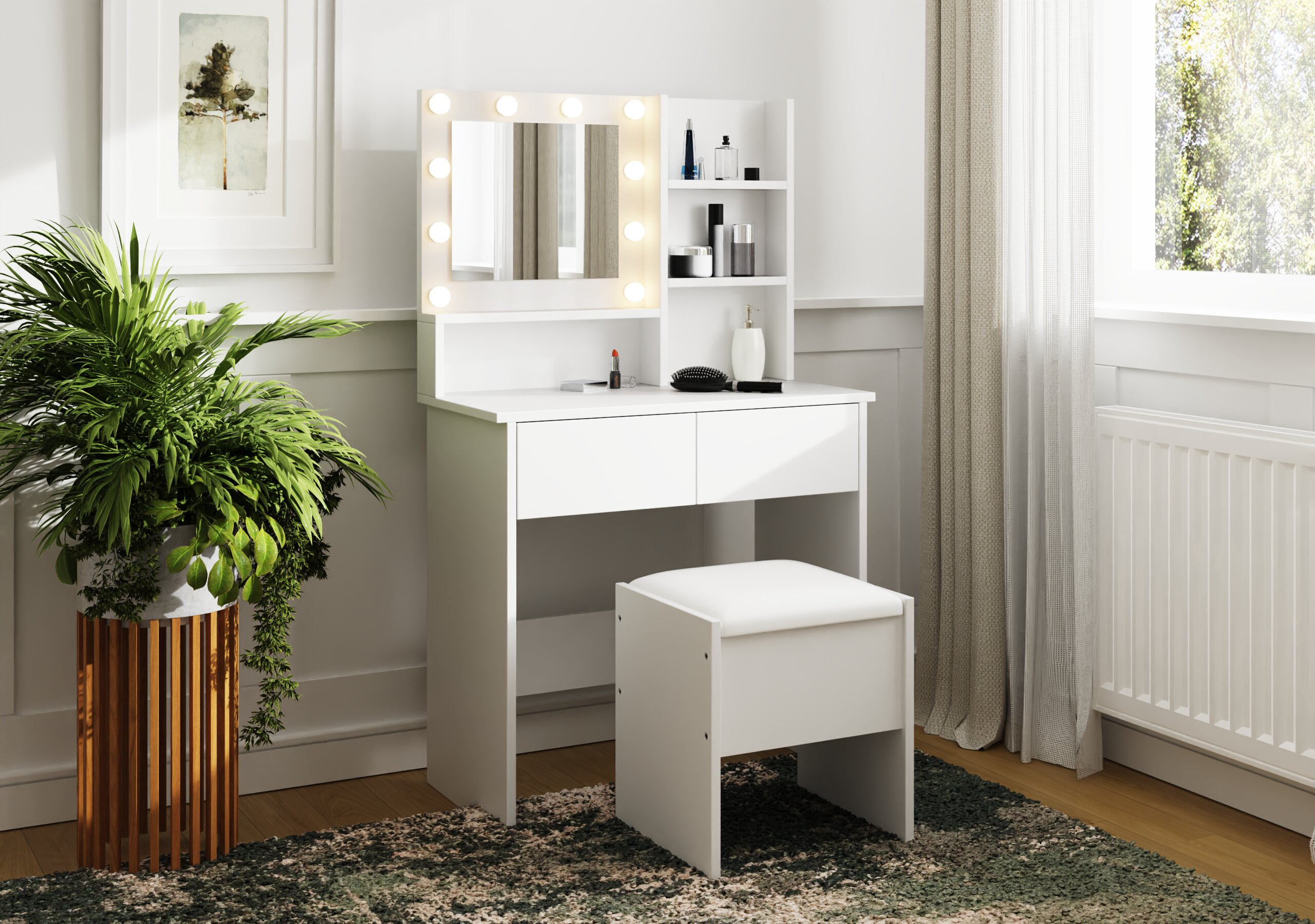 Dressing Table - MASTA LED Dresser with Stool and Mirror White 80cm - Campbell Craft