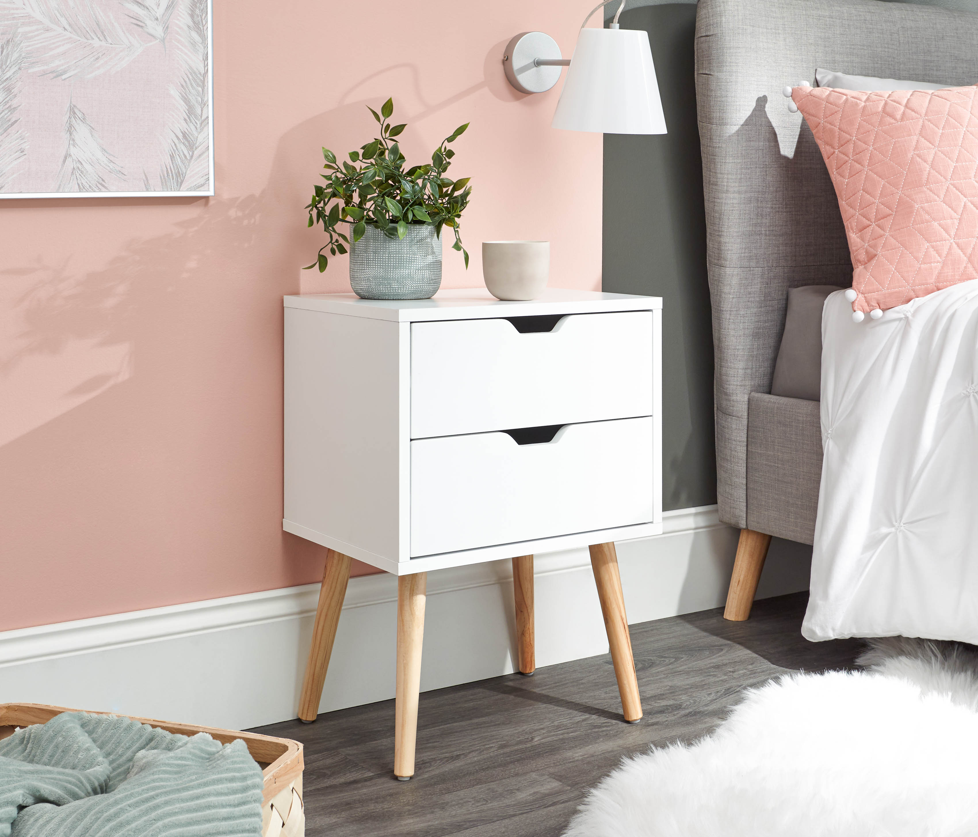 Bedside Table - NYBORG 2 Drawer Nightstand White 40cm - Campbell Craft