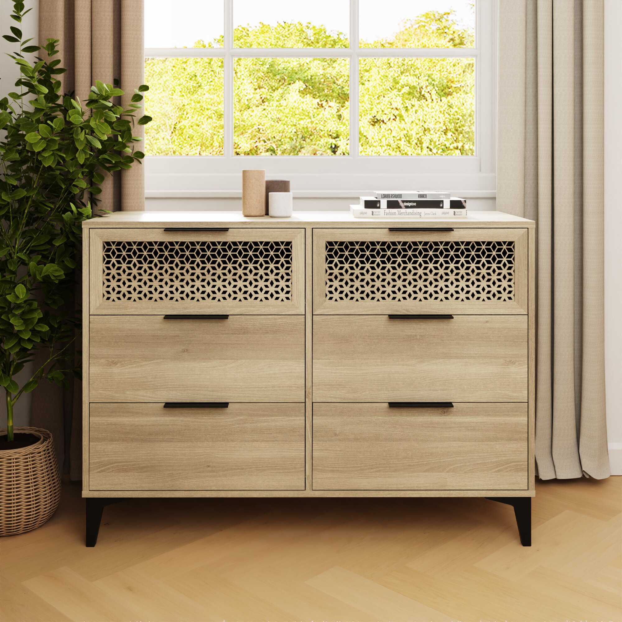 EZLON Oak Finish Chest of Drawers - Large-sized, 6 Drawers, Double - Campbell Craft