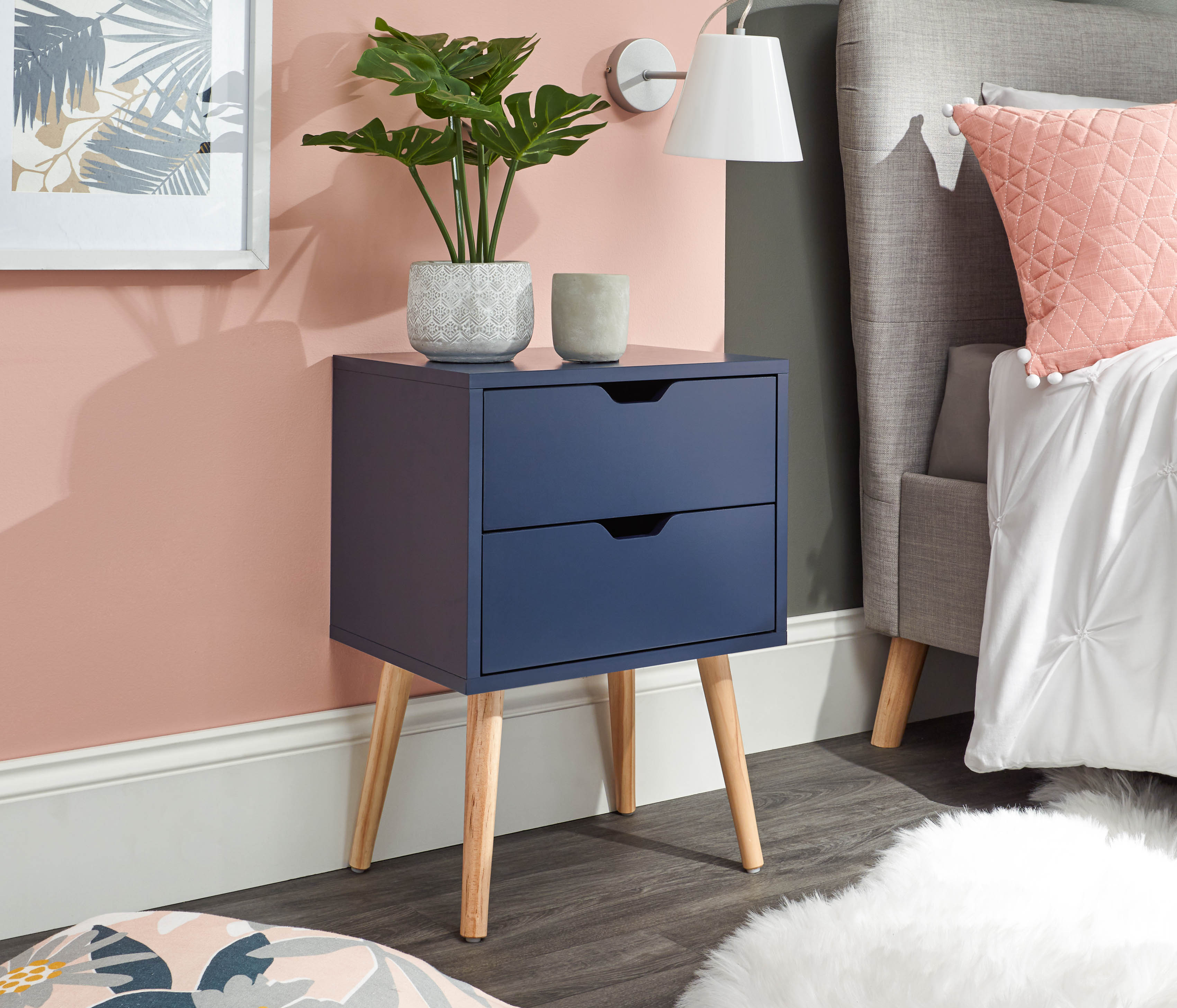 Bedside Table - NYBORG 2 Drawer Nightstand Nightshadow Blue 40cm - Campbell Craft