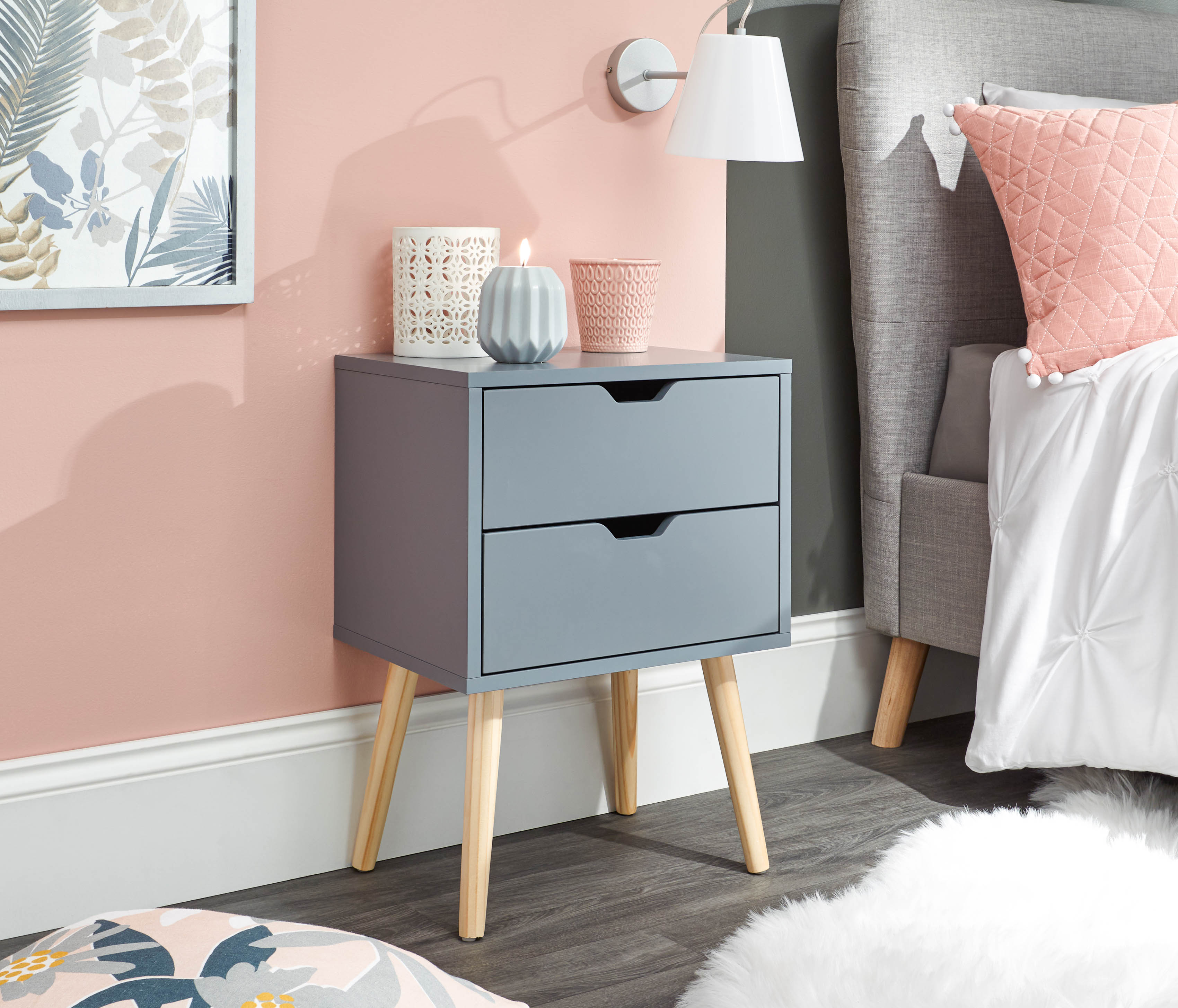 Bedside Table - NYBORG 2 Drawer Nightstand Dark Grey 40cm - Campbell Craft