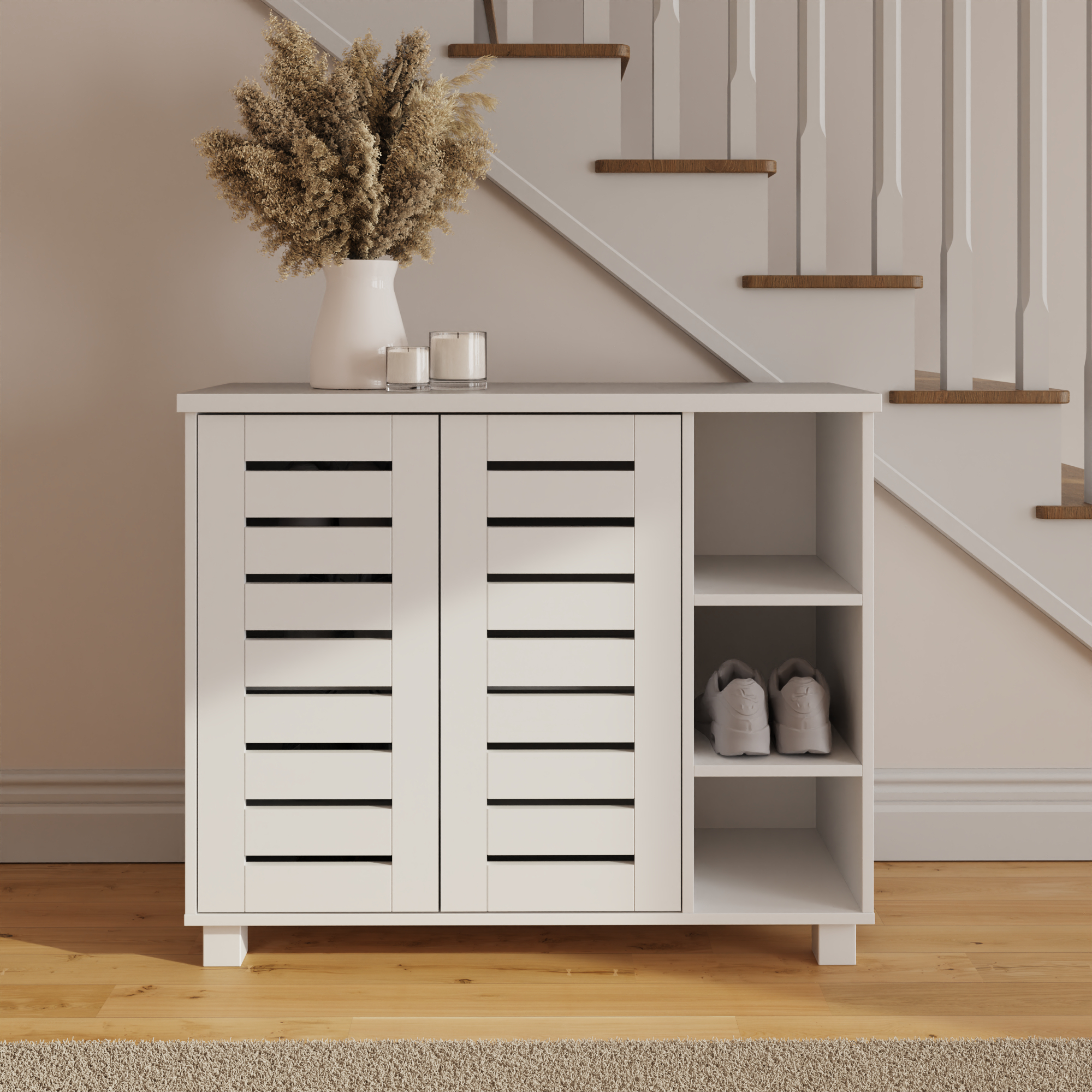 BOLUX White Shoe Cabinet - Medium-sized, 2 Door, Open Compartments, 15 Pair Storage - Campbell Craft