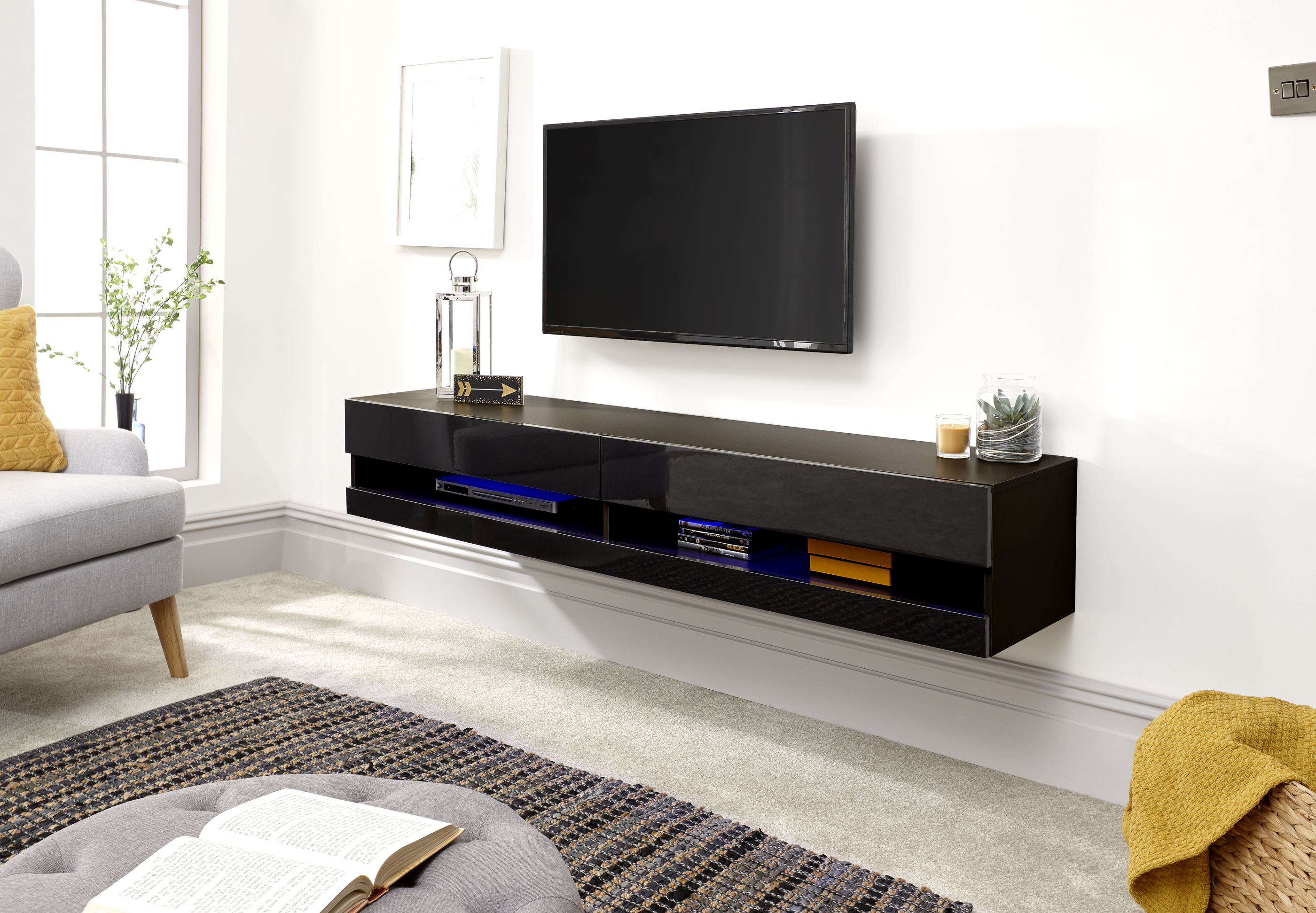 Galicia Wall-Mounted Black TV Unit - 150cm - Campbell Craft