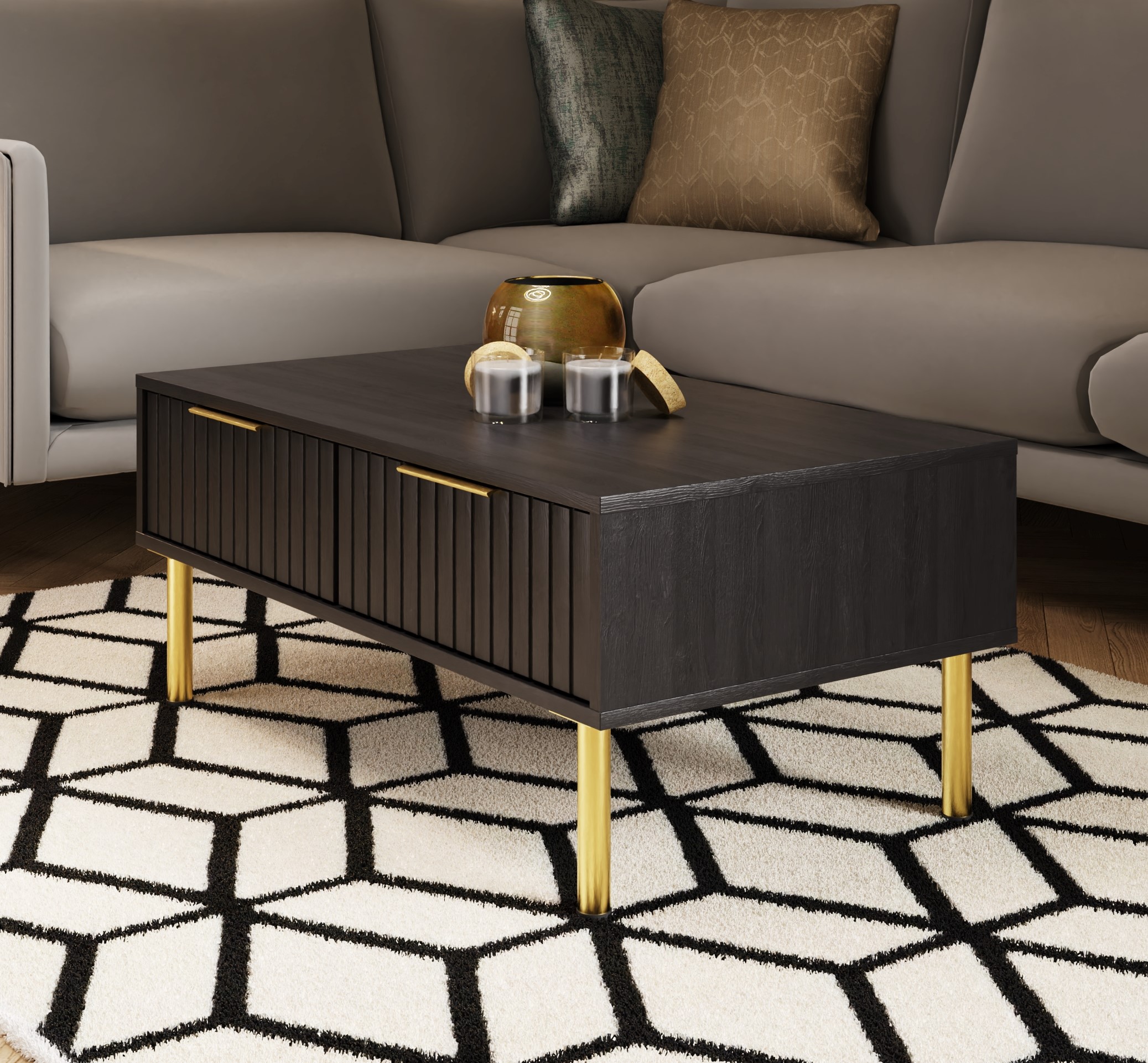 Metropolitan Bliss 2 Drawer Coffee Table with Golden Legs - Black - Campbell Craft