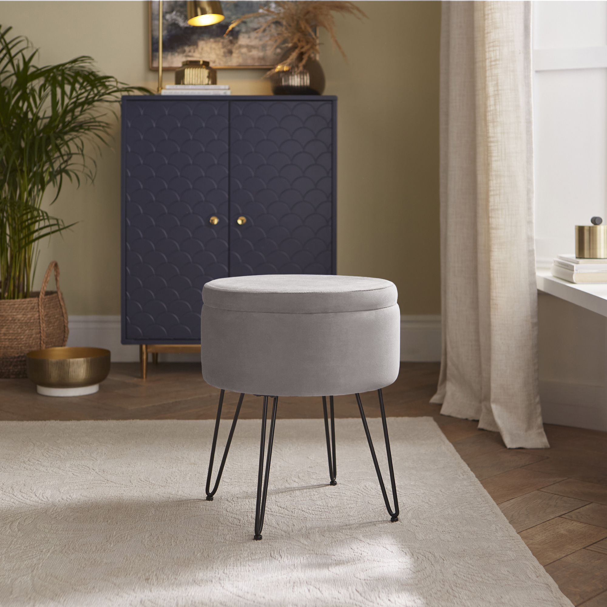 AVEN Soft Velvet Ottoman Storage Stool - Grey - Campbell Craft