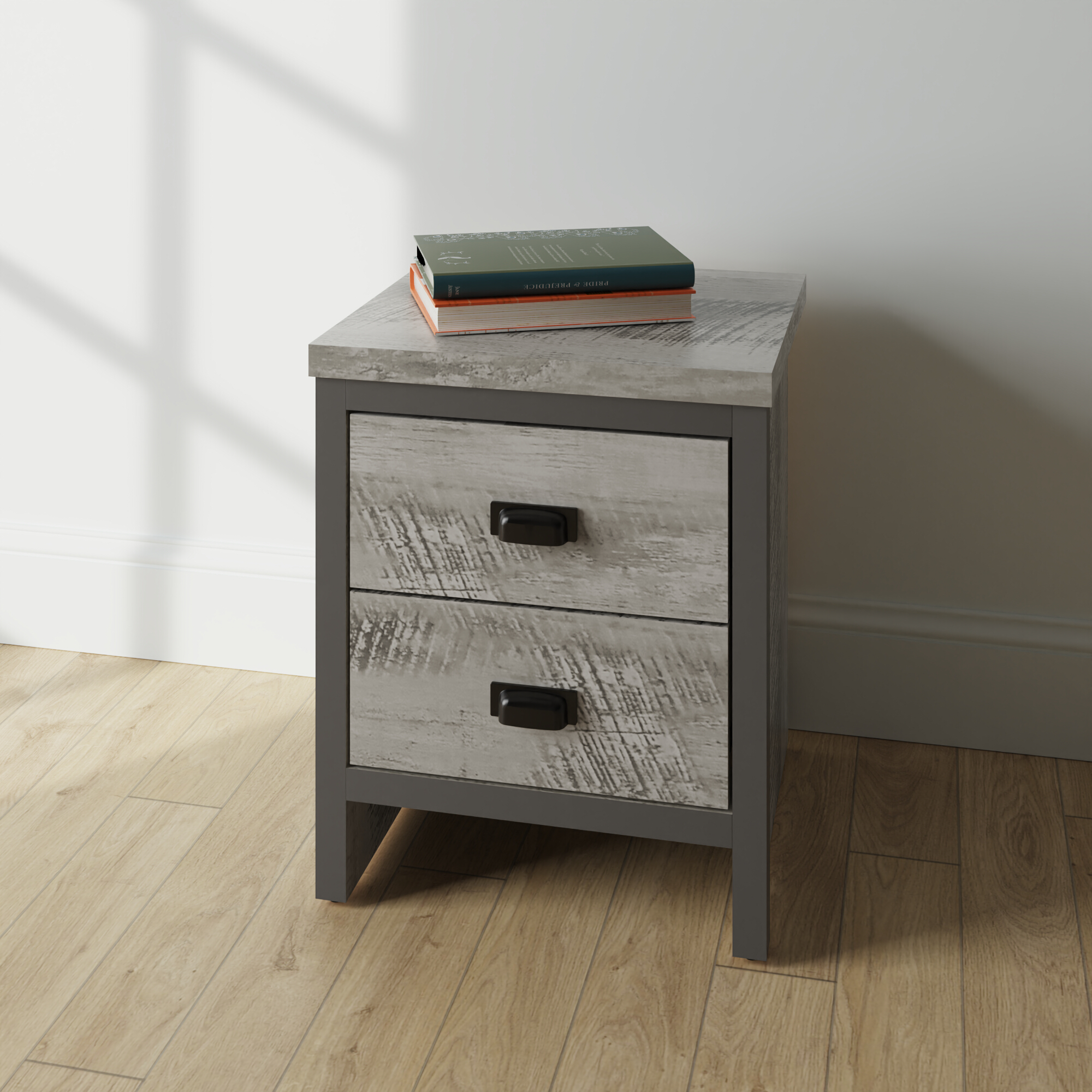 Bedside Table - SLATE 2 Drawer Nightstand Grey 43cm - Campbell Craft