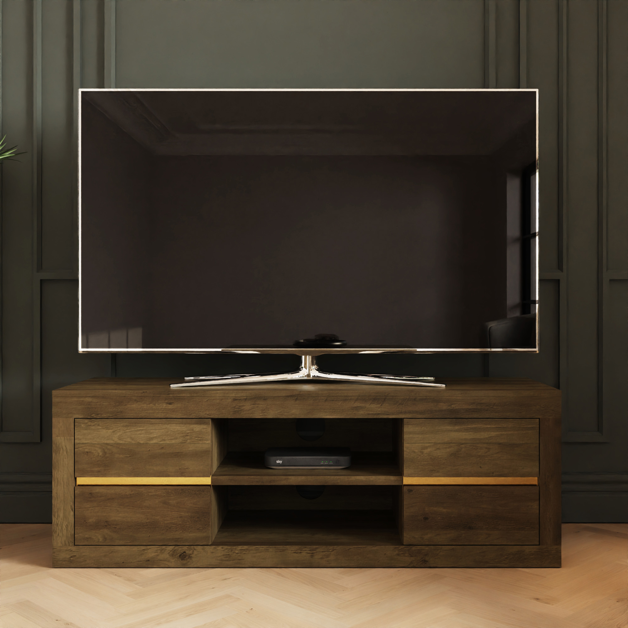 ASTRA 4 Drawer TV Unit with Shelves and Gold Accents - Oak - Campbell Craft