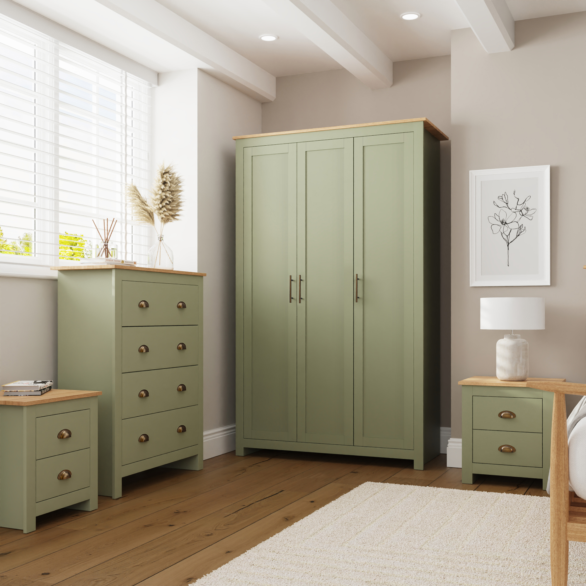 Wardrobe Set - LEVIS 3 Door Bedroom Set 4 Piece Sage Green 118cm - Campbell Craft