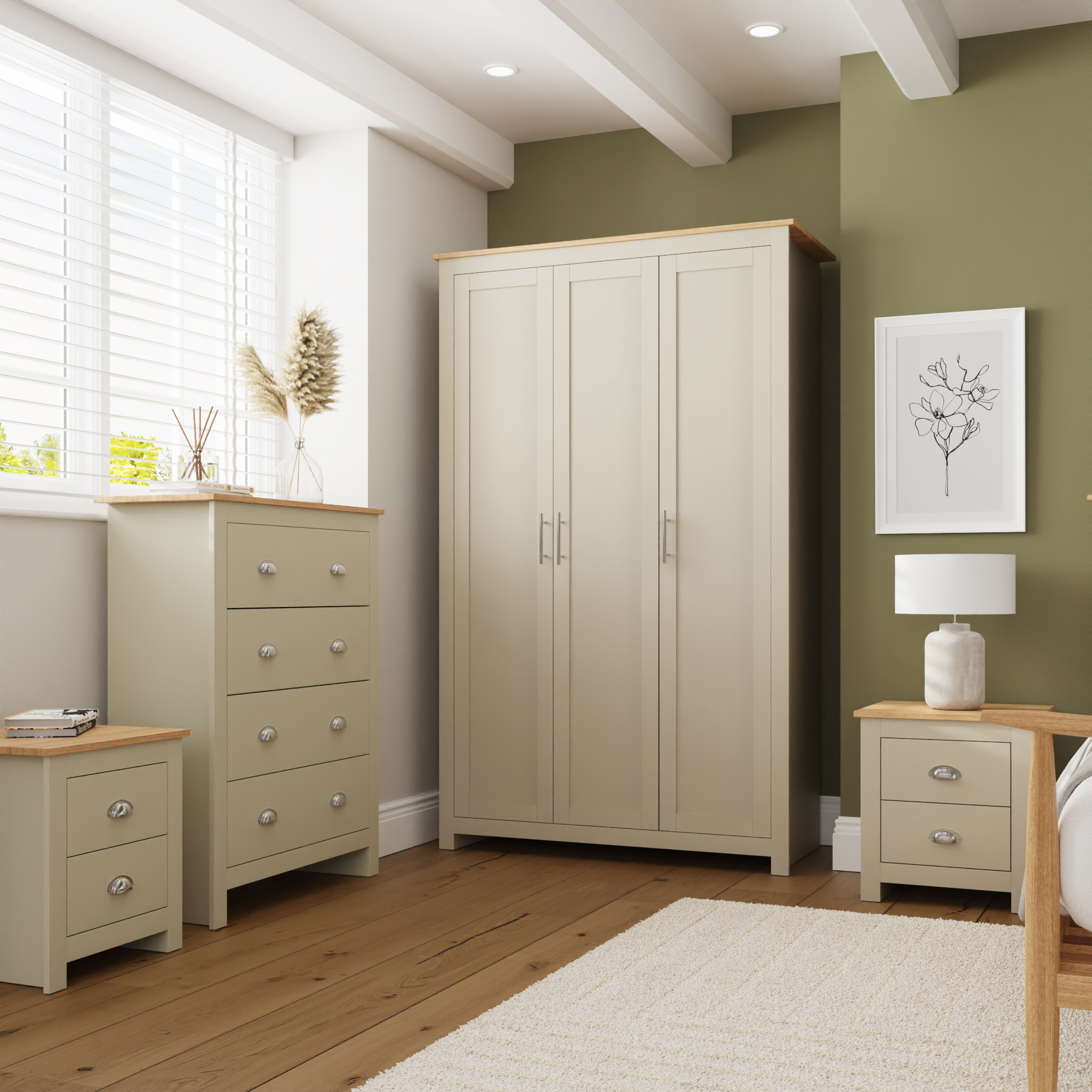 Wardrobe Set - LEVIS 3 Door Bedroom Set 4 Piece Cream 111.8cm - Campbell Craft