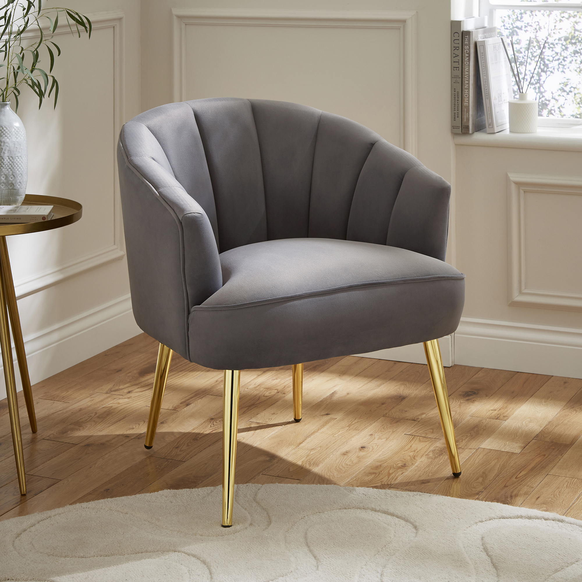 Pettine Scalloped Design Gold Legs Chair - Grey - Campbell Craft