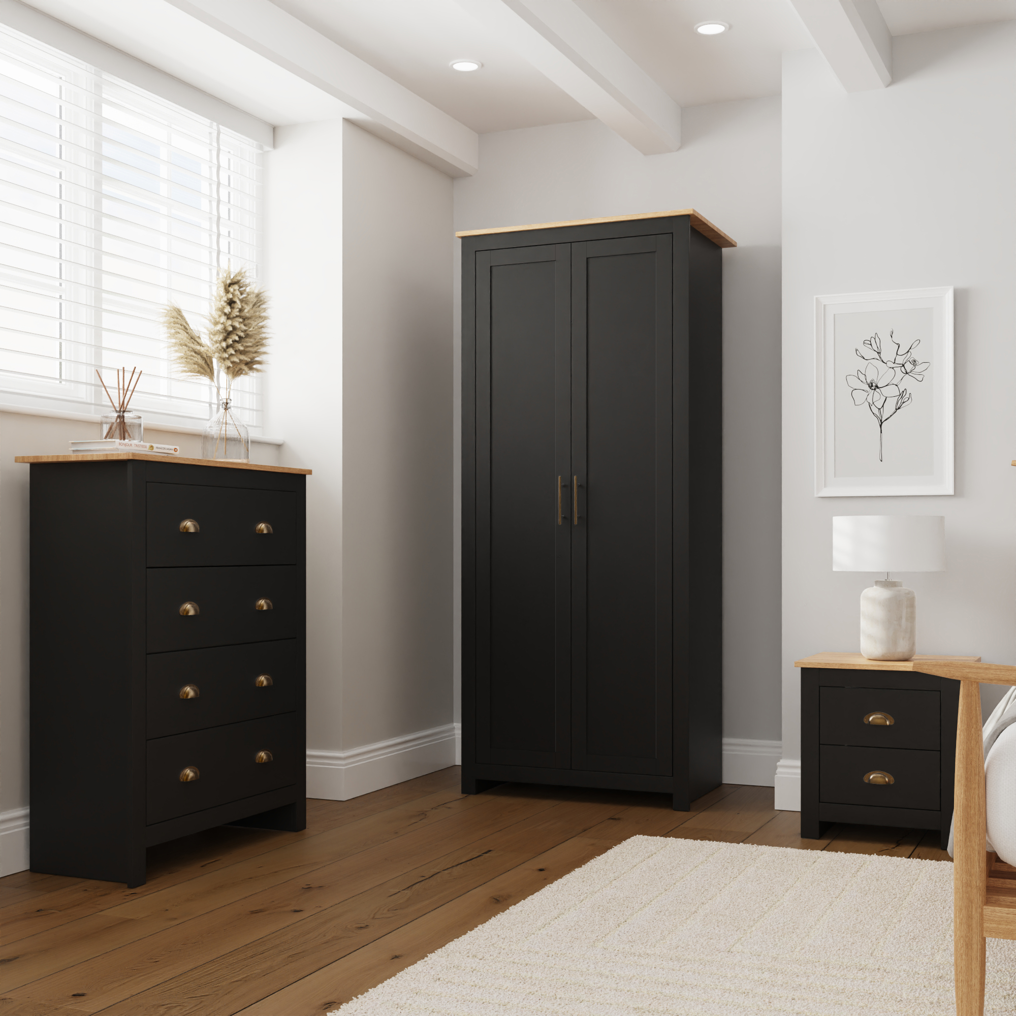 Wardrobe Set - LEVIS 2 Door Bedroom Set 3 Piece Matt Black - Campbell Craft
