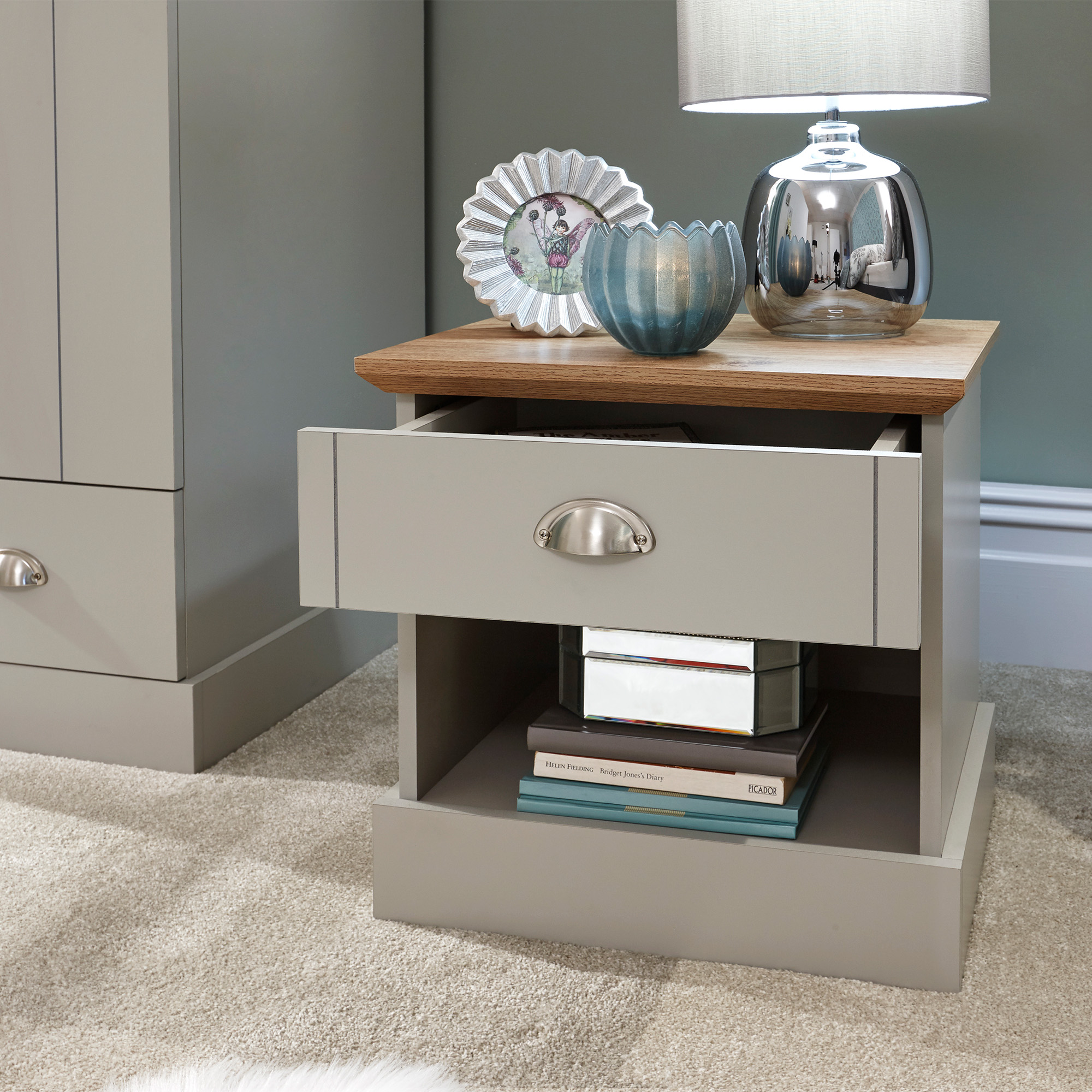 Bedside Table - KENDAL 1 Drawer Nightstand Grey 45cm - Campbell Craft