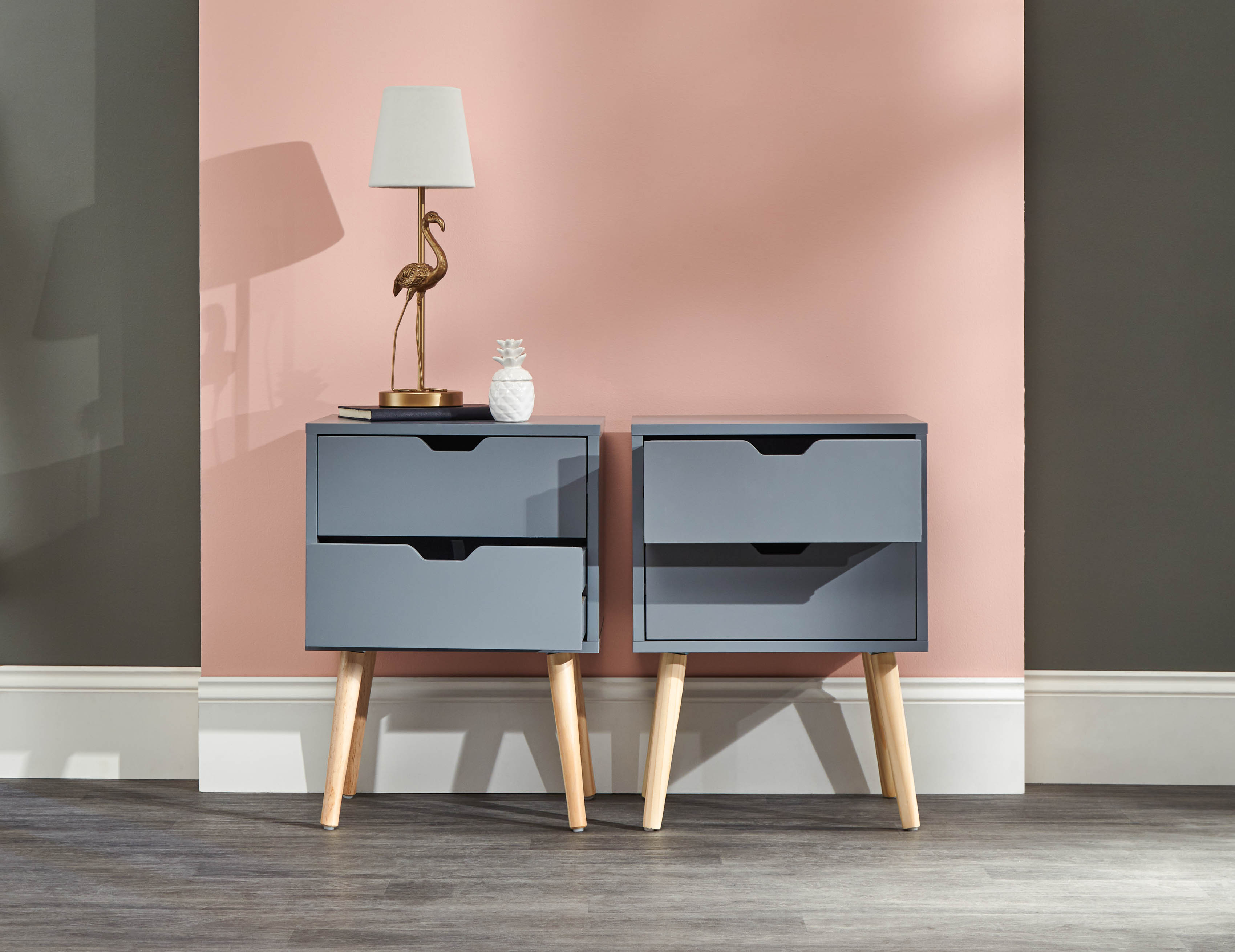 Bedside Table - NYBORG 2 Piece 2 Drawer Nightstand Dark Grey 40cm - Campbell Craft