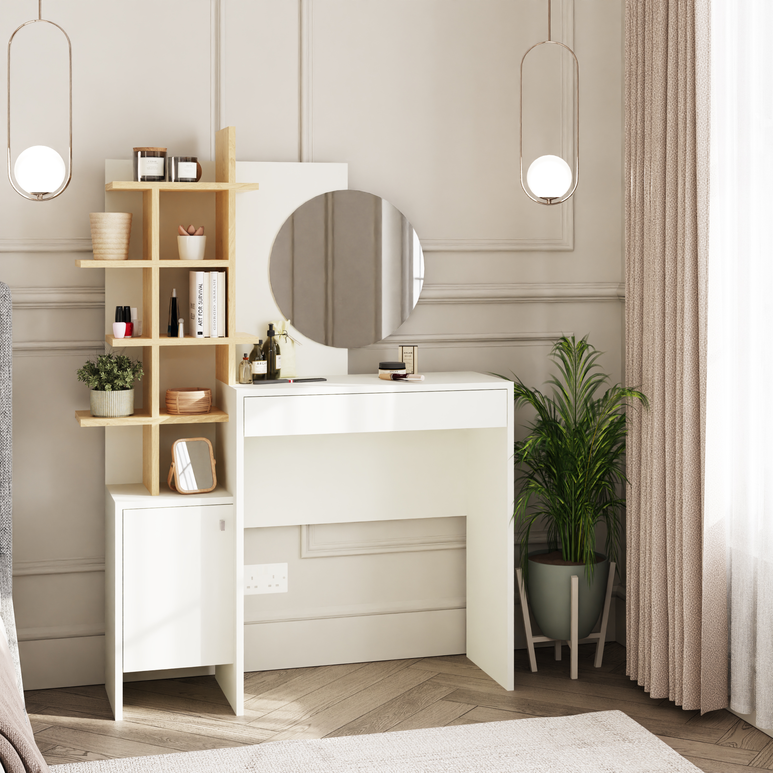 Elysian Haven Five Tier Open Shelf Dressing Table with Round Mirror - White and Oak - Campbell Craft