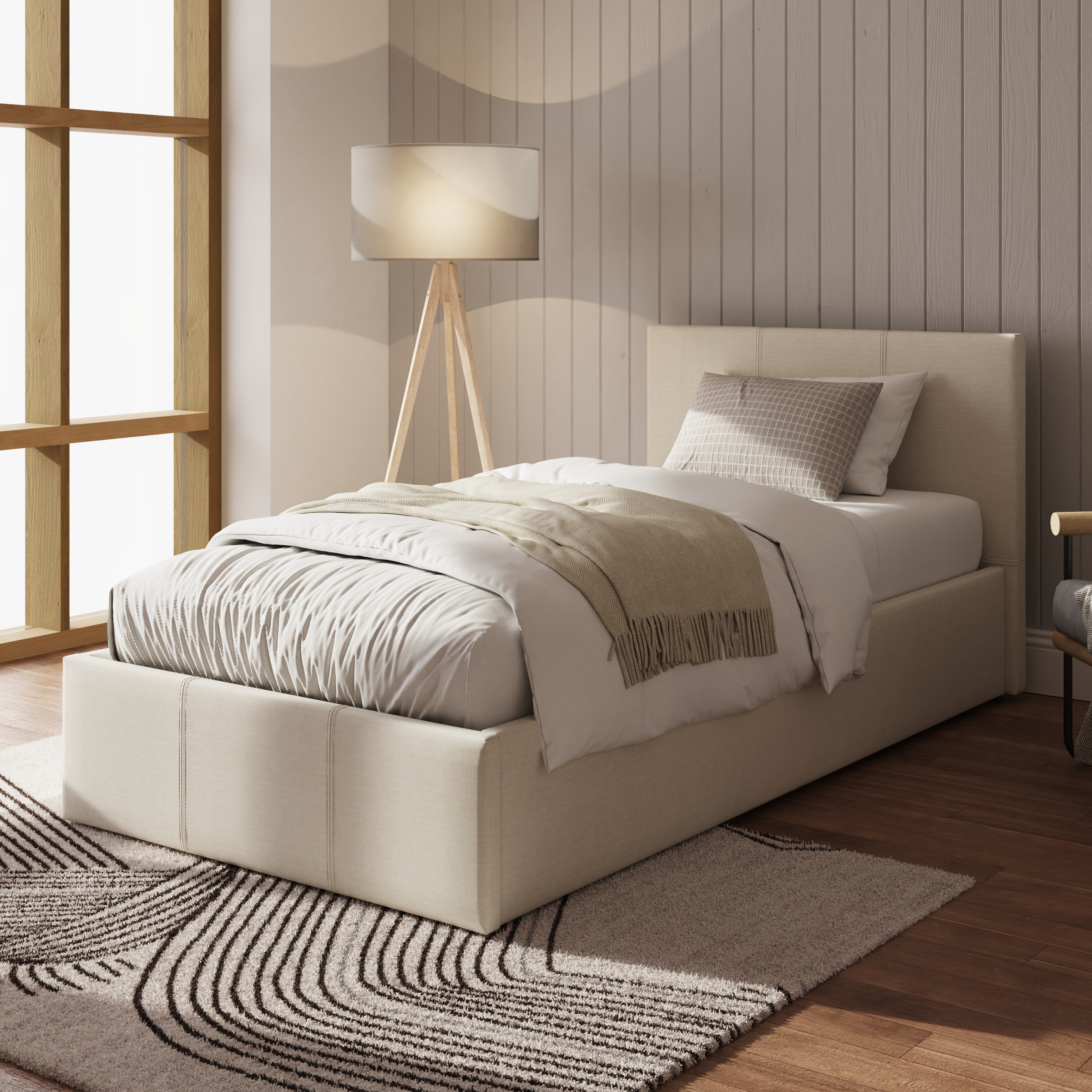 Side Lift Ottoman 3ft Single Bed with Stitched Headboard and Hopsack Fabric - Natural - Campbell Craft