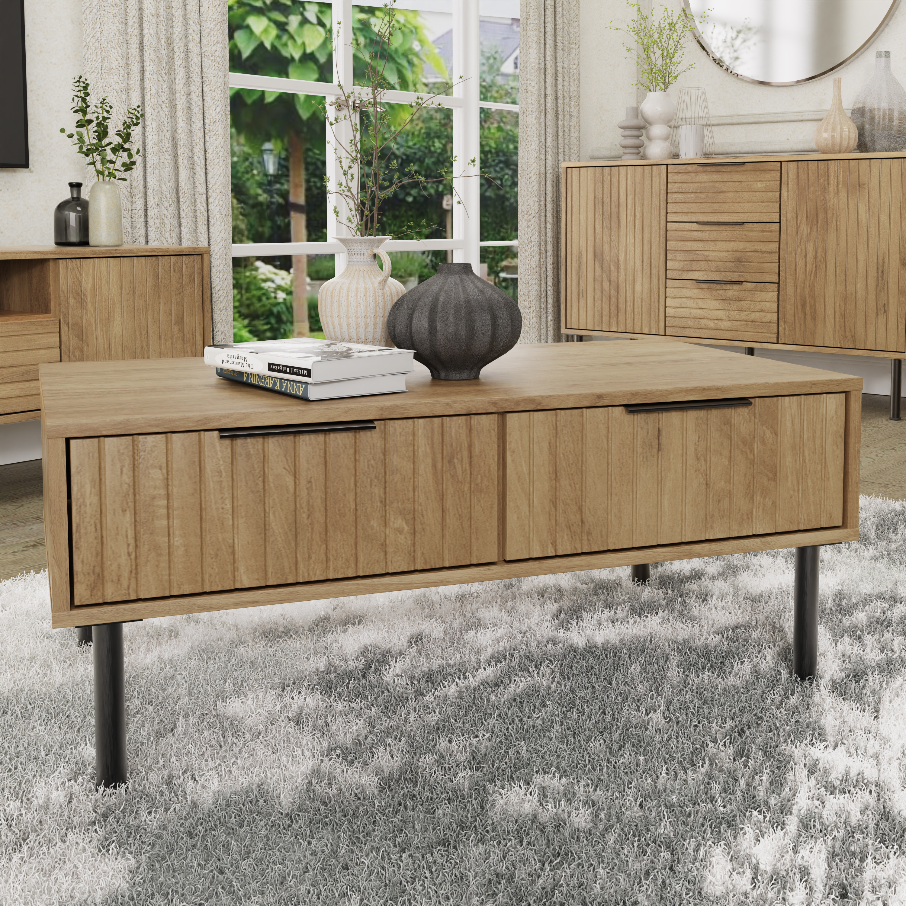 Coffee Table - Lawson Coffee Table with 2 Drawer Oak and Black - Campbell Craft