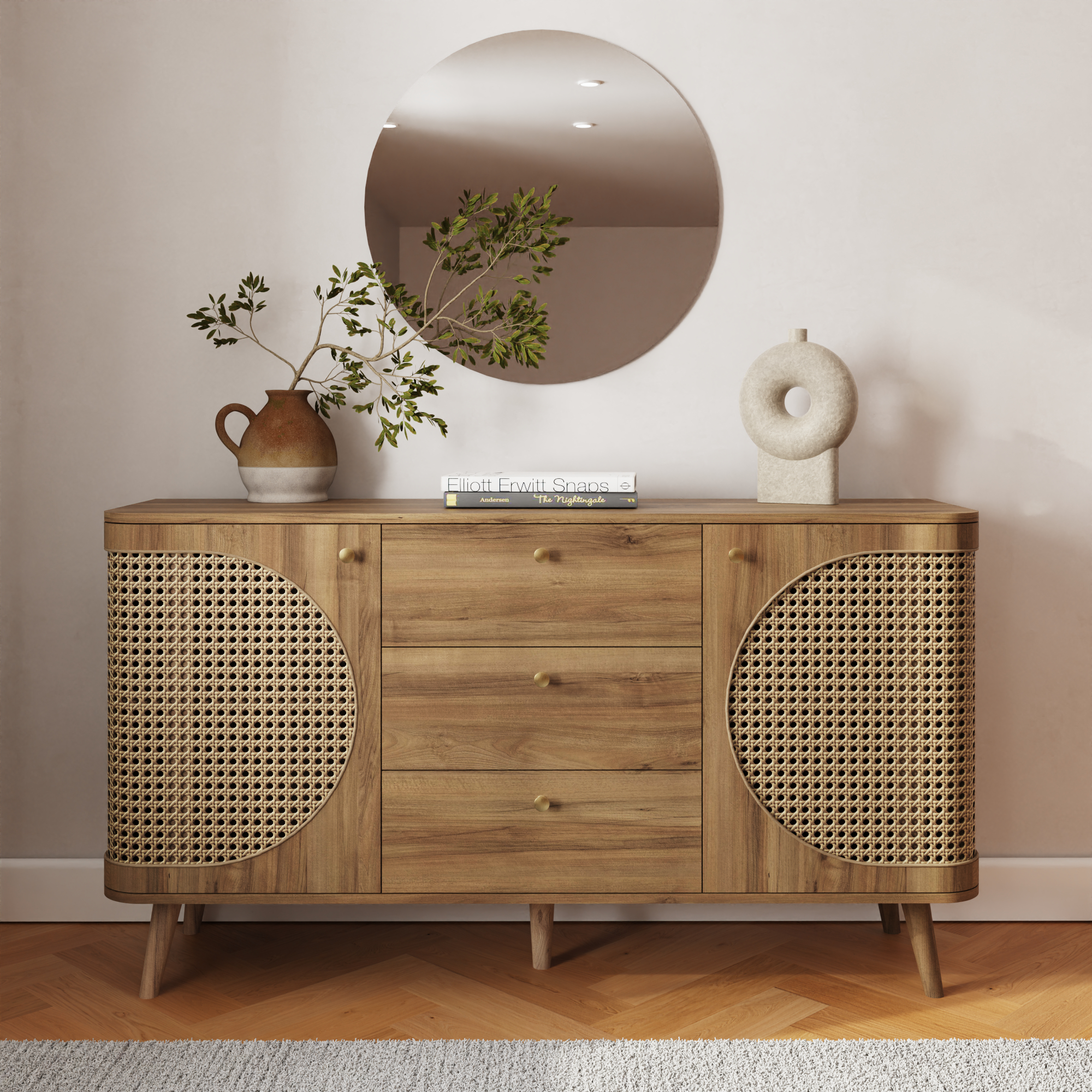 SYLVAN Rattan Large 2 Door Sideboard with 3 Drawers - Oak - Campbell Craft