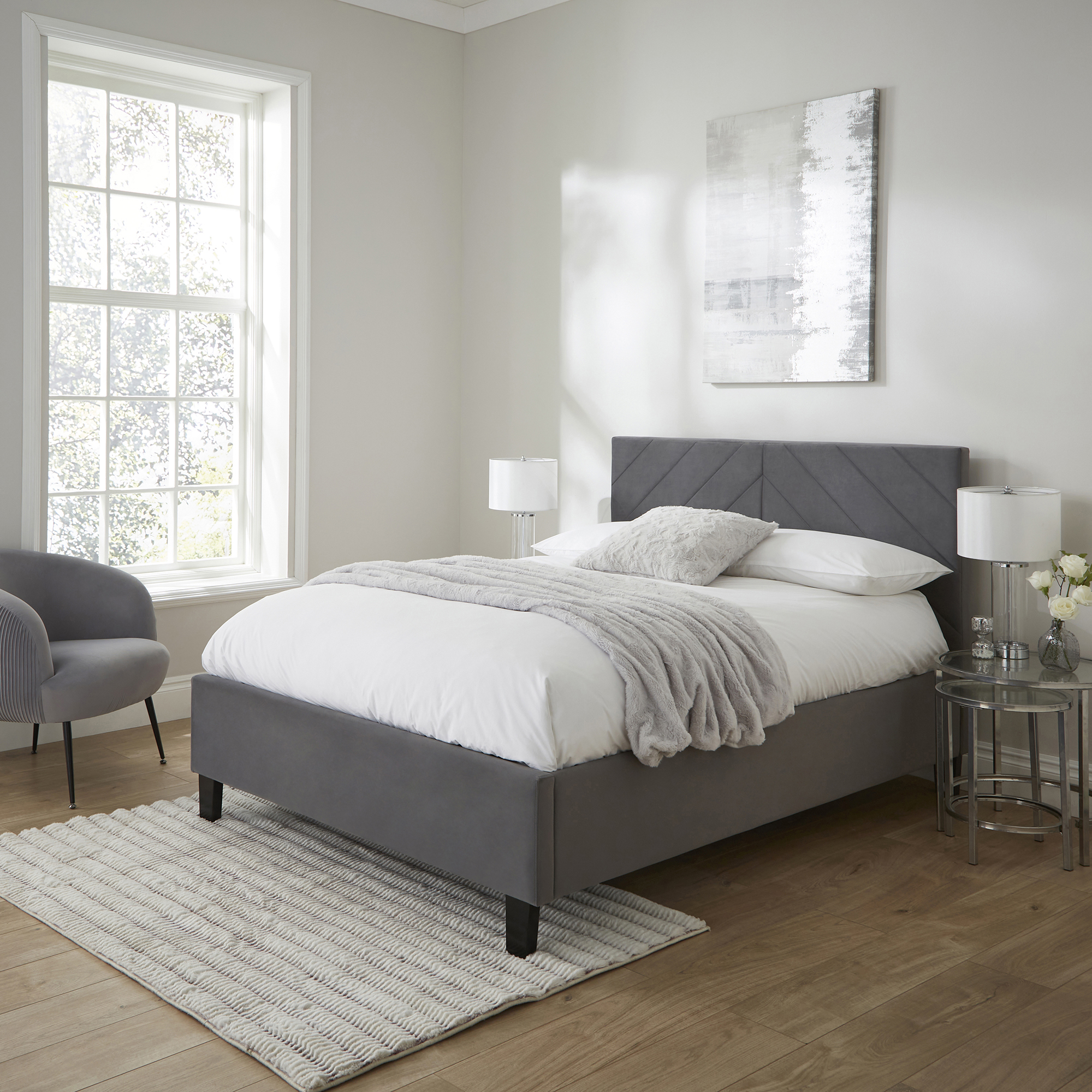 THALIA Double Velvet Ottoman Storage Bedframe - Grey - Campbell Craft