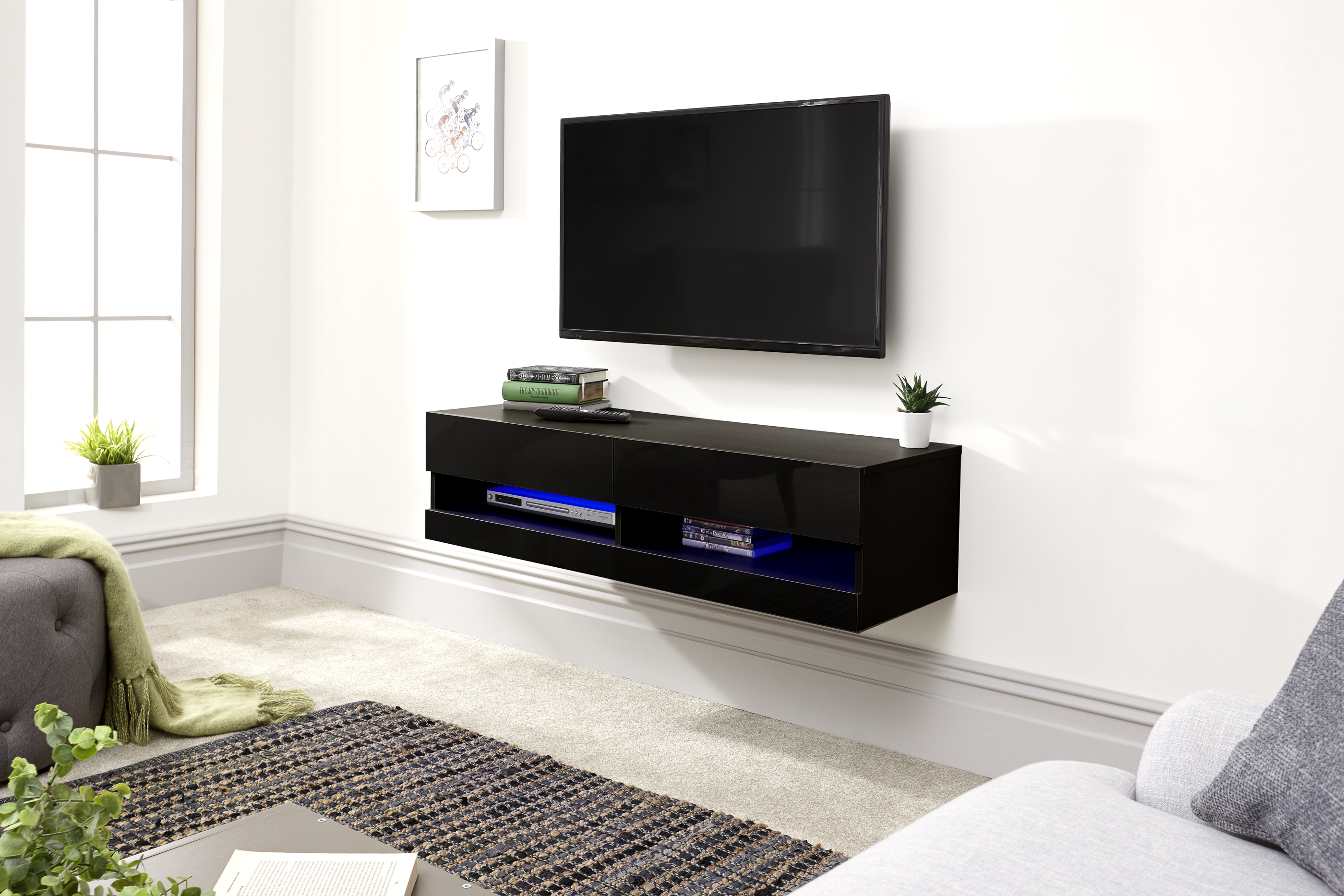 Galicia Wall-Mounted Black TV Unit - 120cm - Campbell Craft