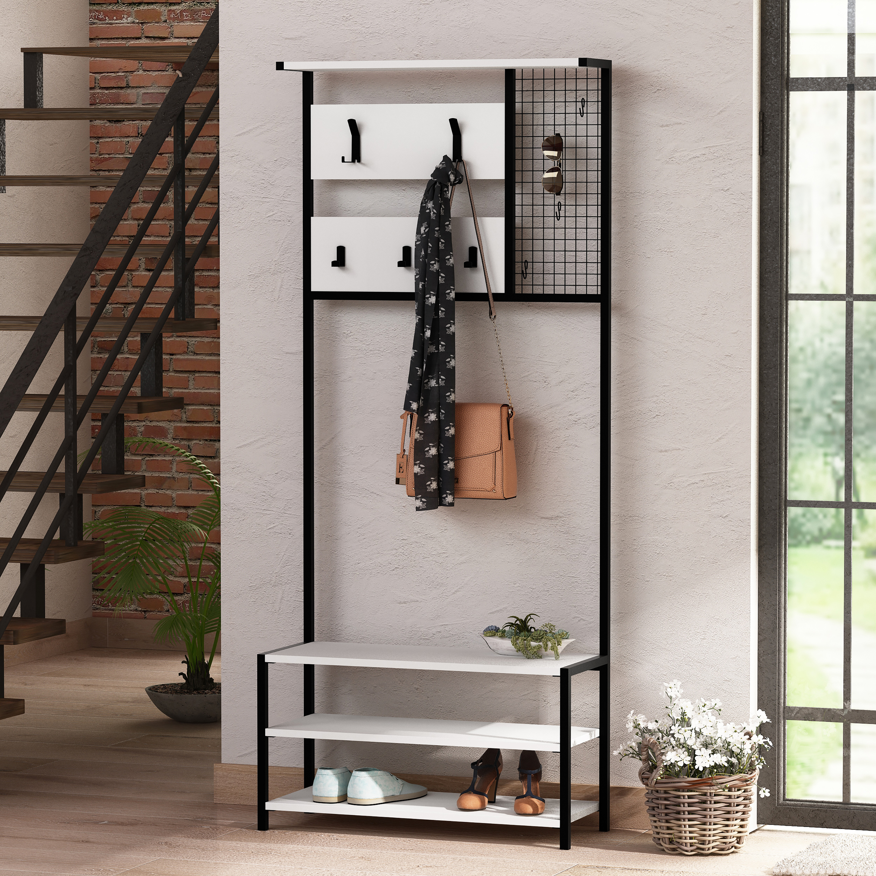 SHELTON Hallway Coat Rack with Shoe Storage - White - Campbell Craft