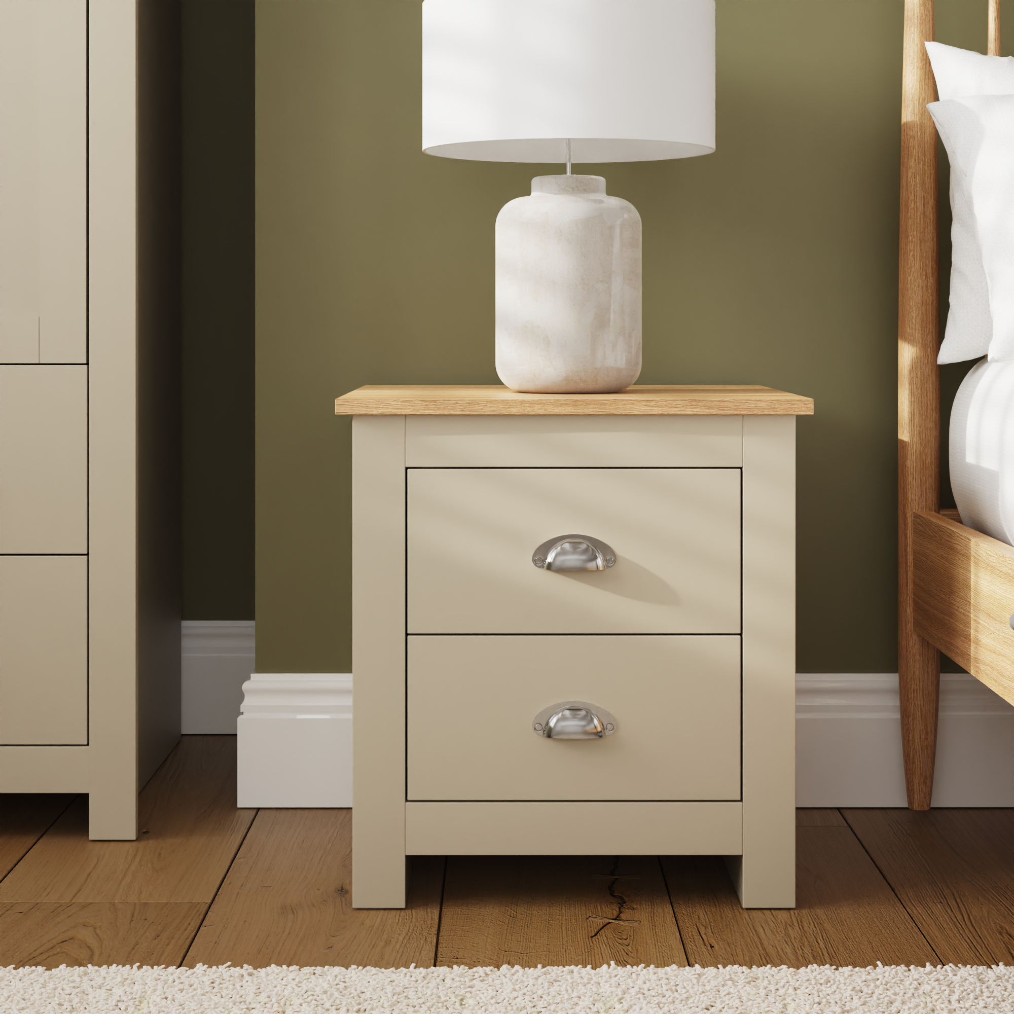 Bedside Table - LANCASTER 2 Drawer Nightstand Cream and Oak 45cm - Campbell Craft