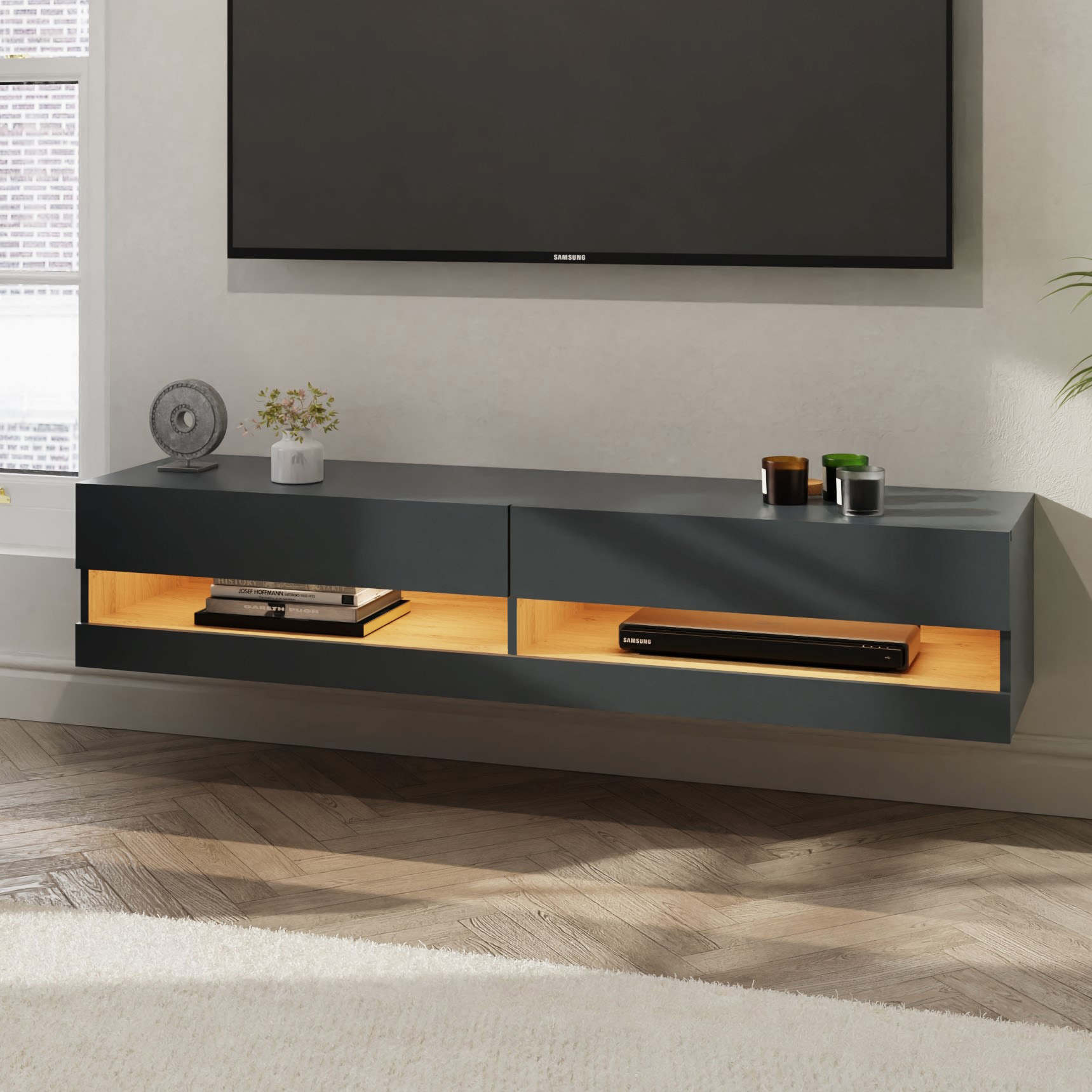 TV Stand - Jessica 180cm Wall TV Unit with LED Anthracite and Oak - Campbell Craft