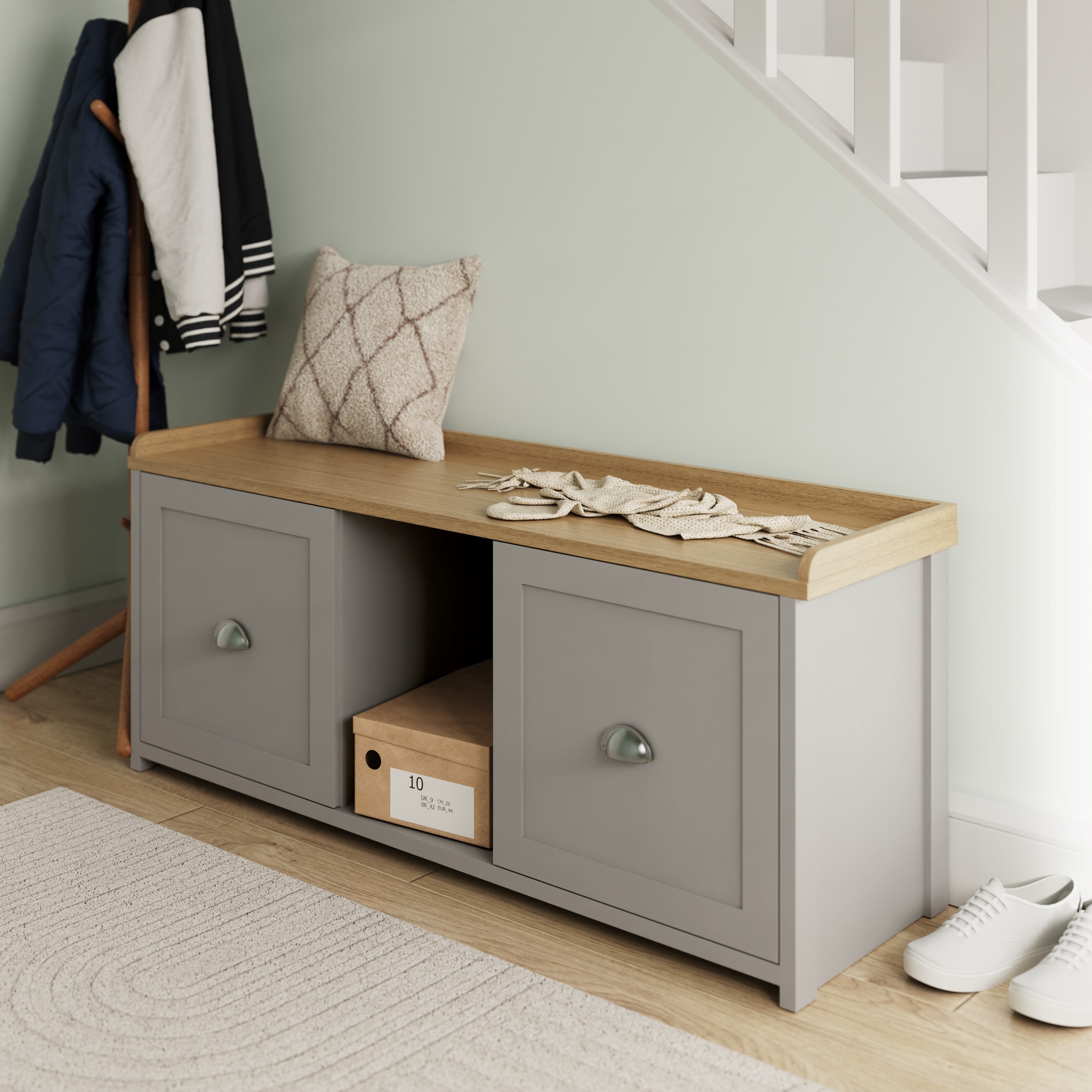 LANCASTER Cream Shoe Cabinet - 2 Door Shoe Bench with Oak Effect Top and Concealed Storage - Campbell Craft