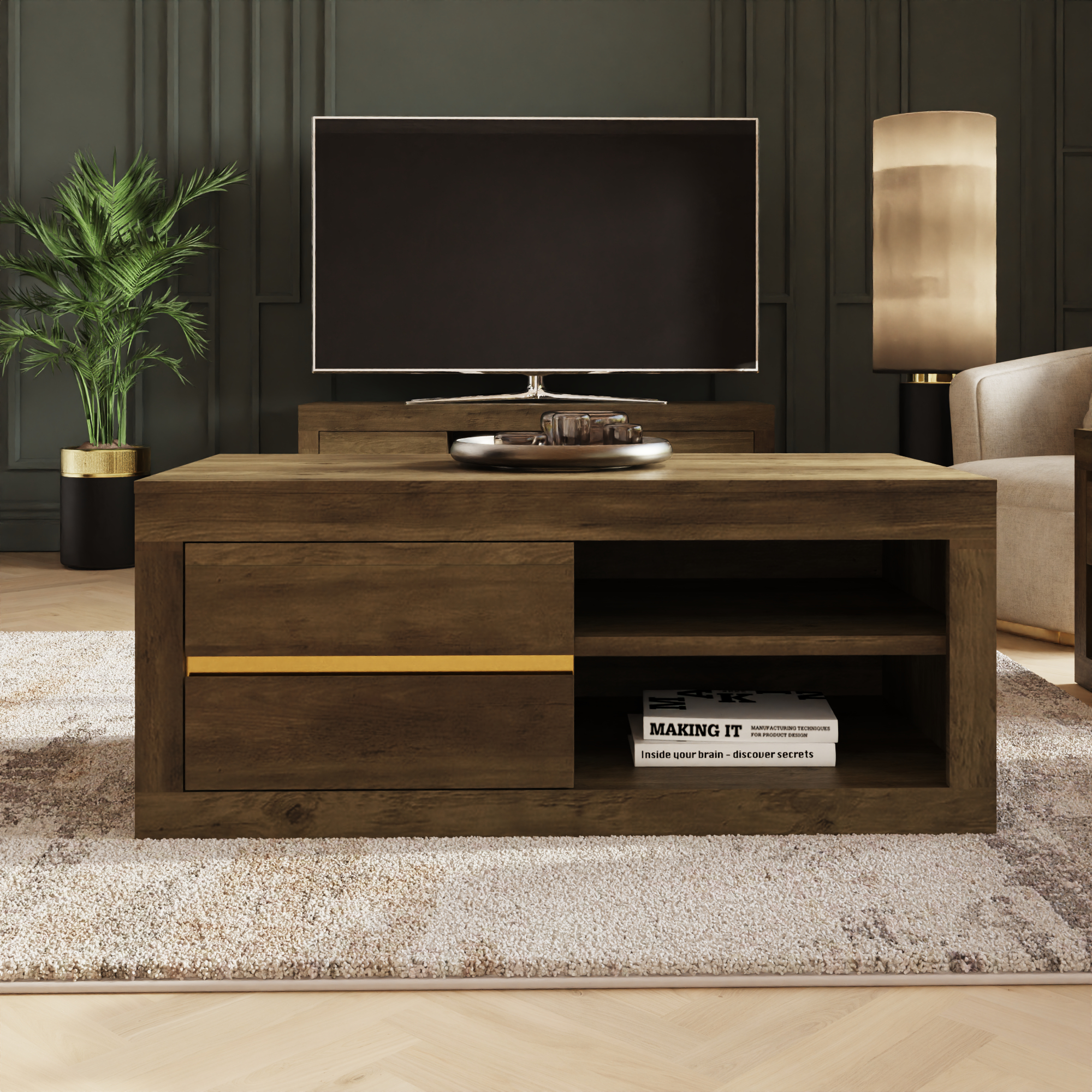 ASTRA Coffee Table with Gold Accents and Storage Drawers - Oak - Campbell Craft