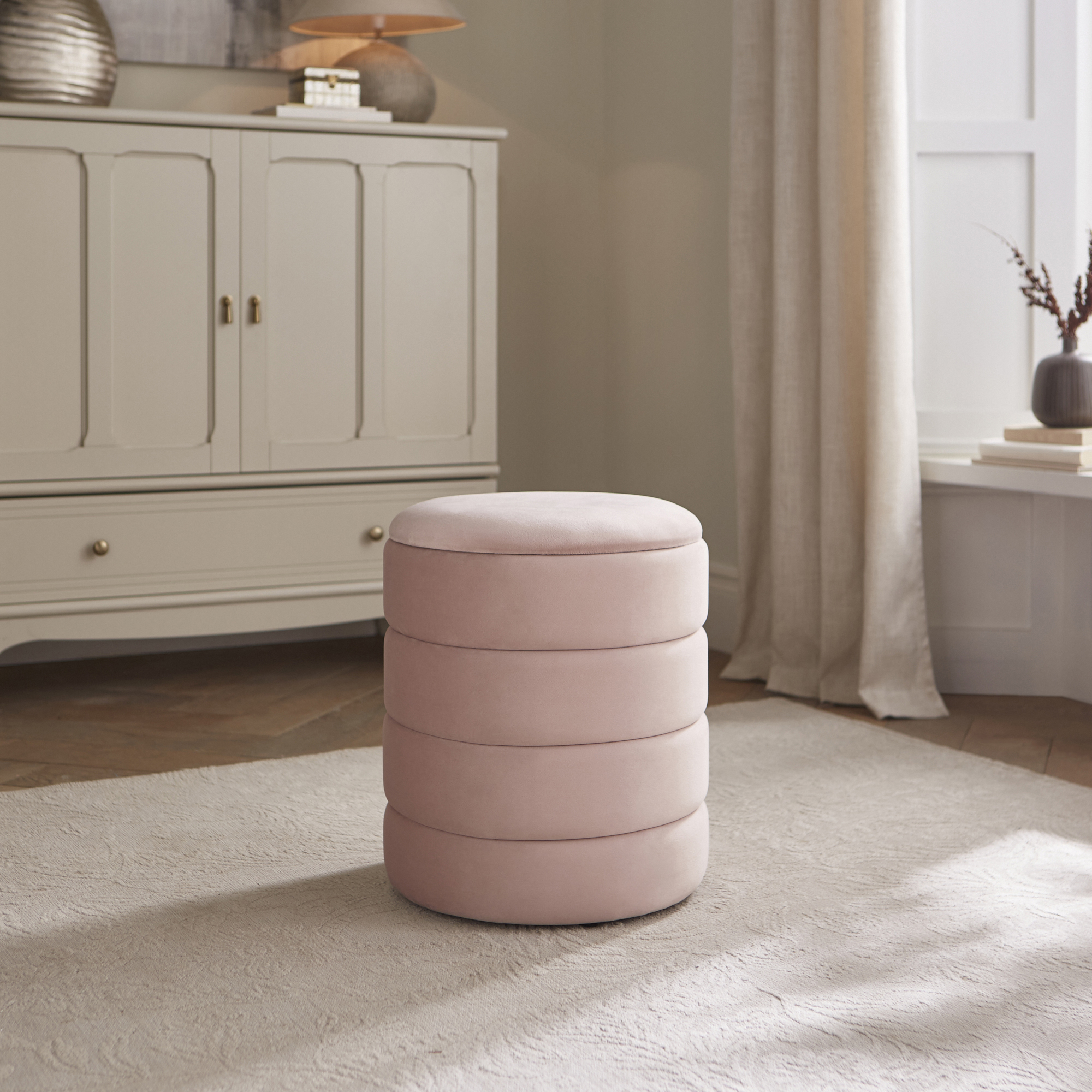KARINA Soft Velvet Ottoman Storage Stool - Blush Pink - Campbell Craft