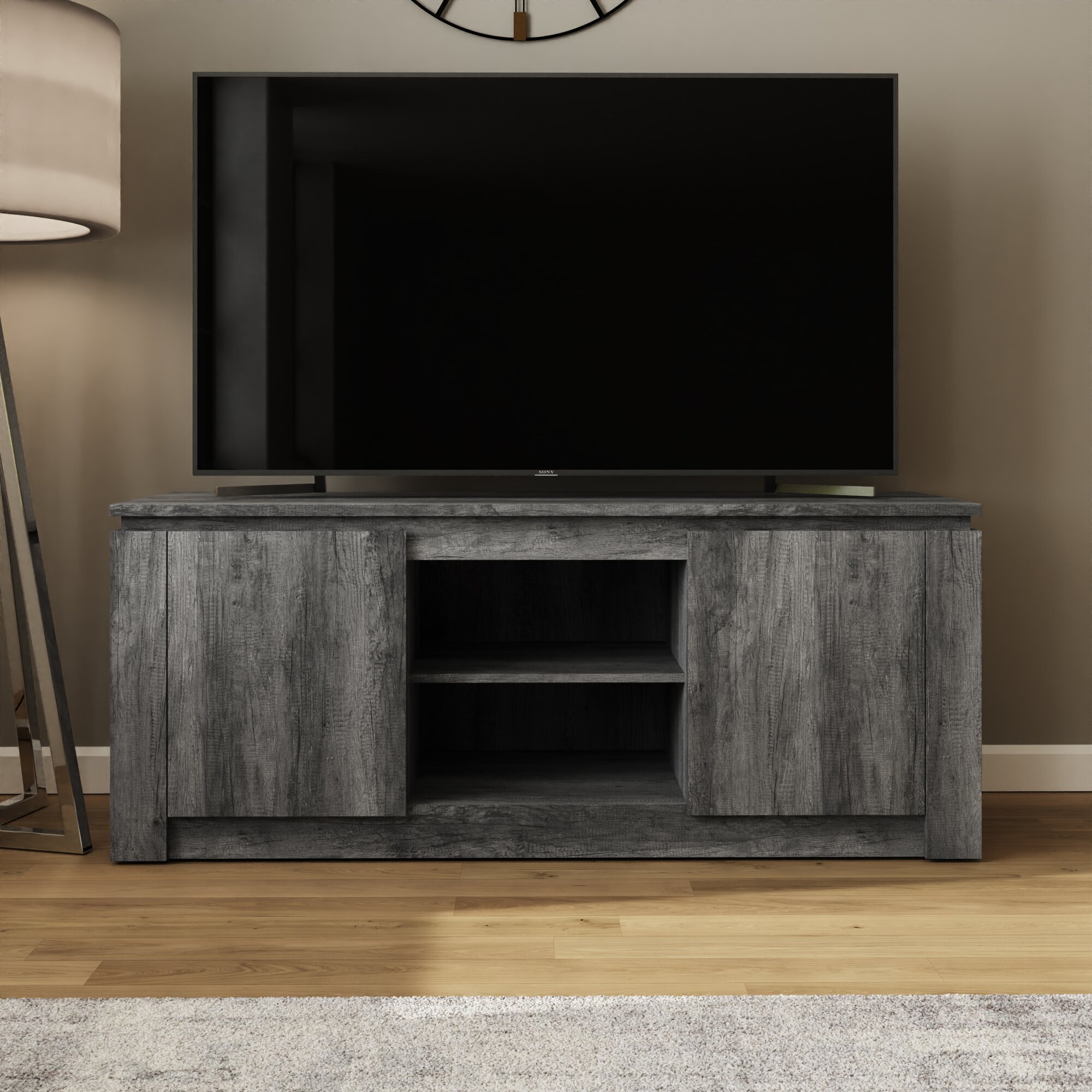 CANON Wide TV Unit with Cupboards and Open Shelving - Charcoal Grey - Campbell Craft