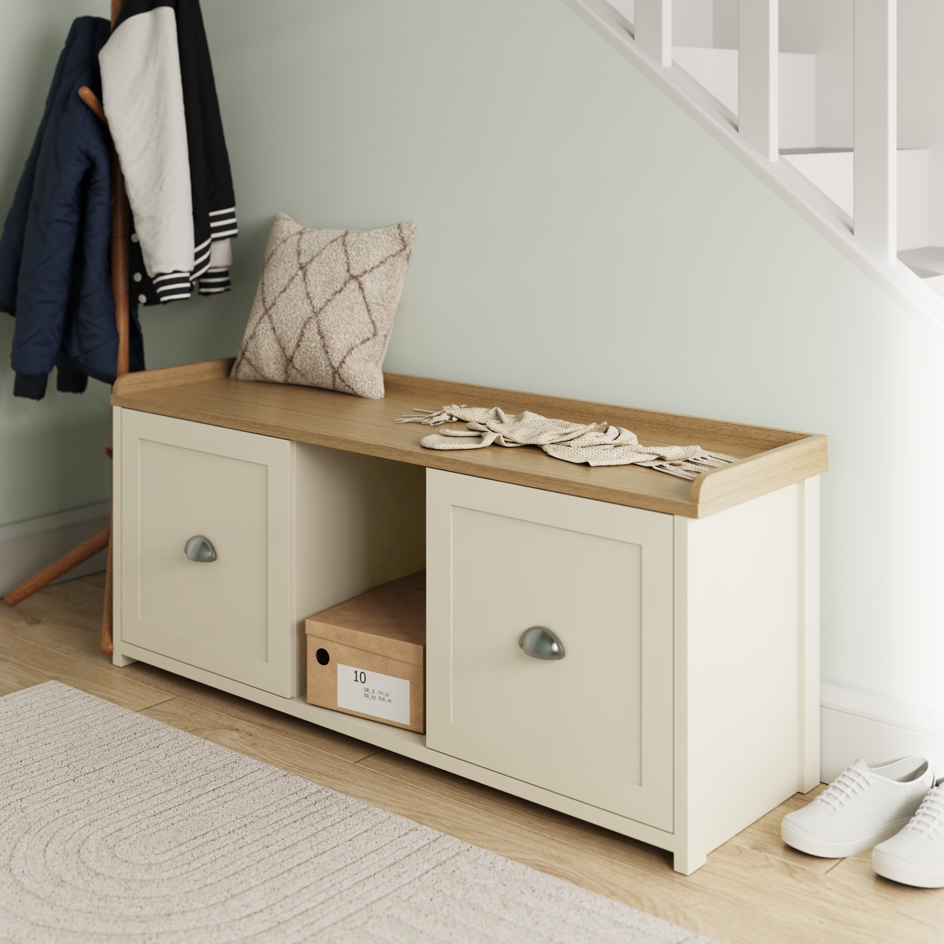 2 Door Shoe Bench with Oak Effect Top and Concealed Storage - Cream - Campbell Craft