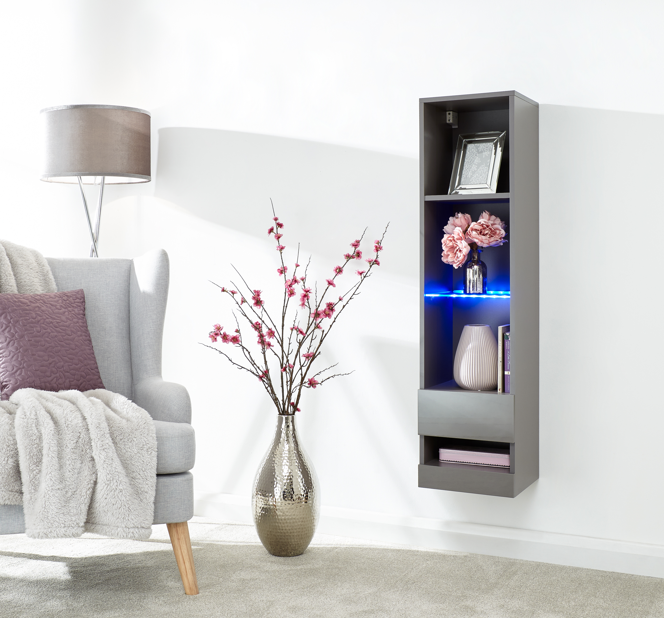Galicia Tall Shelf Unit With Led Grey - Campbell Craft