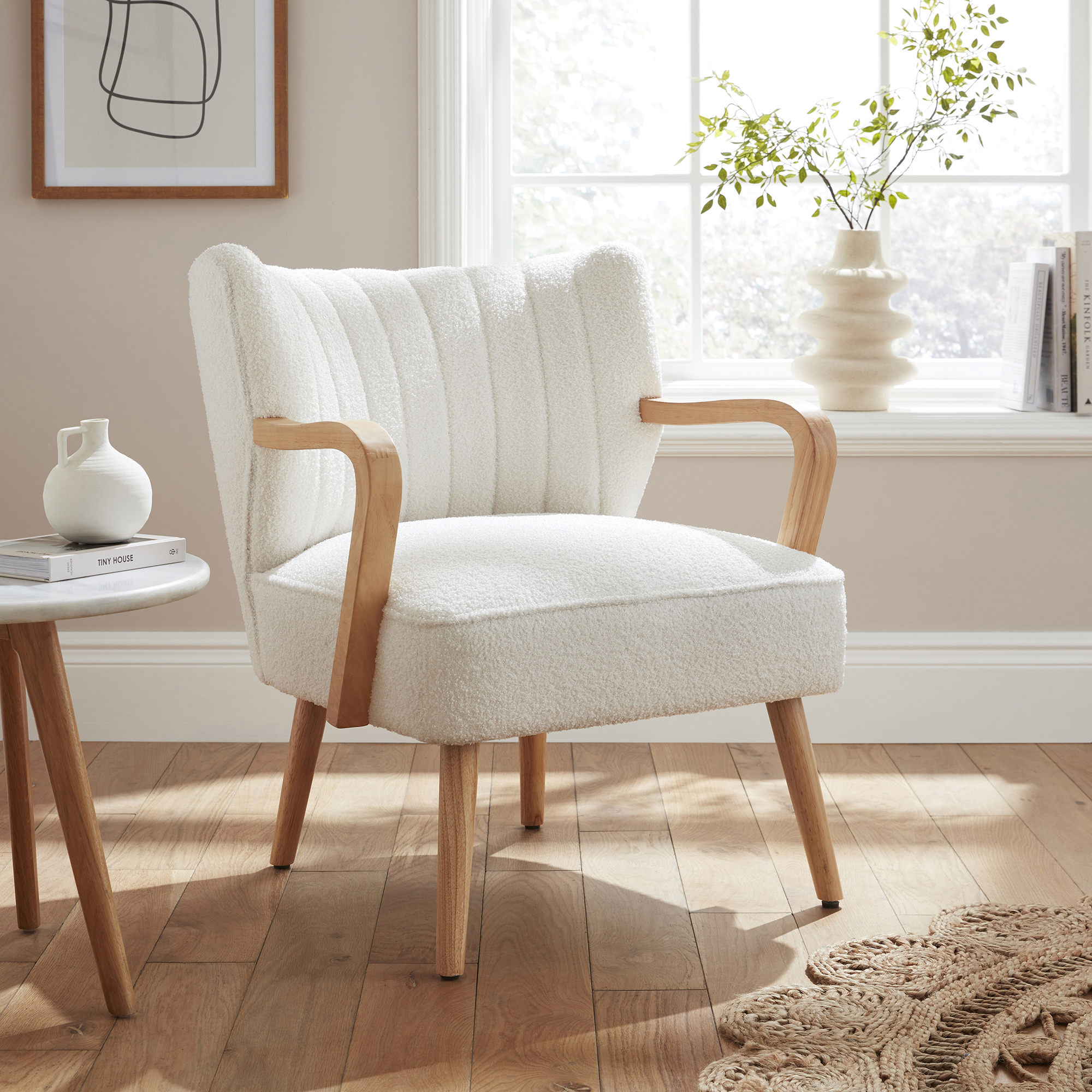 ENZIA Accent Chair with Boucle Finish and Wooden Arms - Cream - Campbell Craft