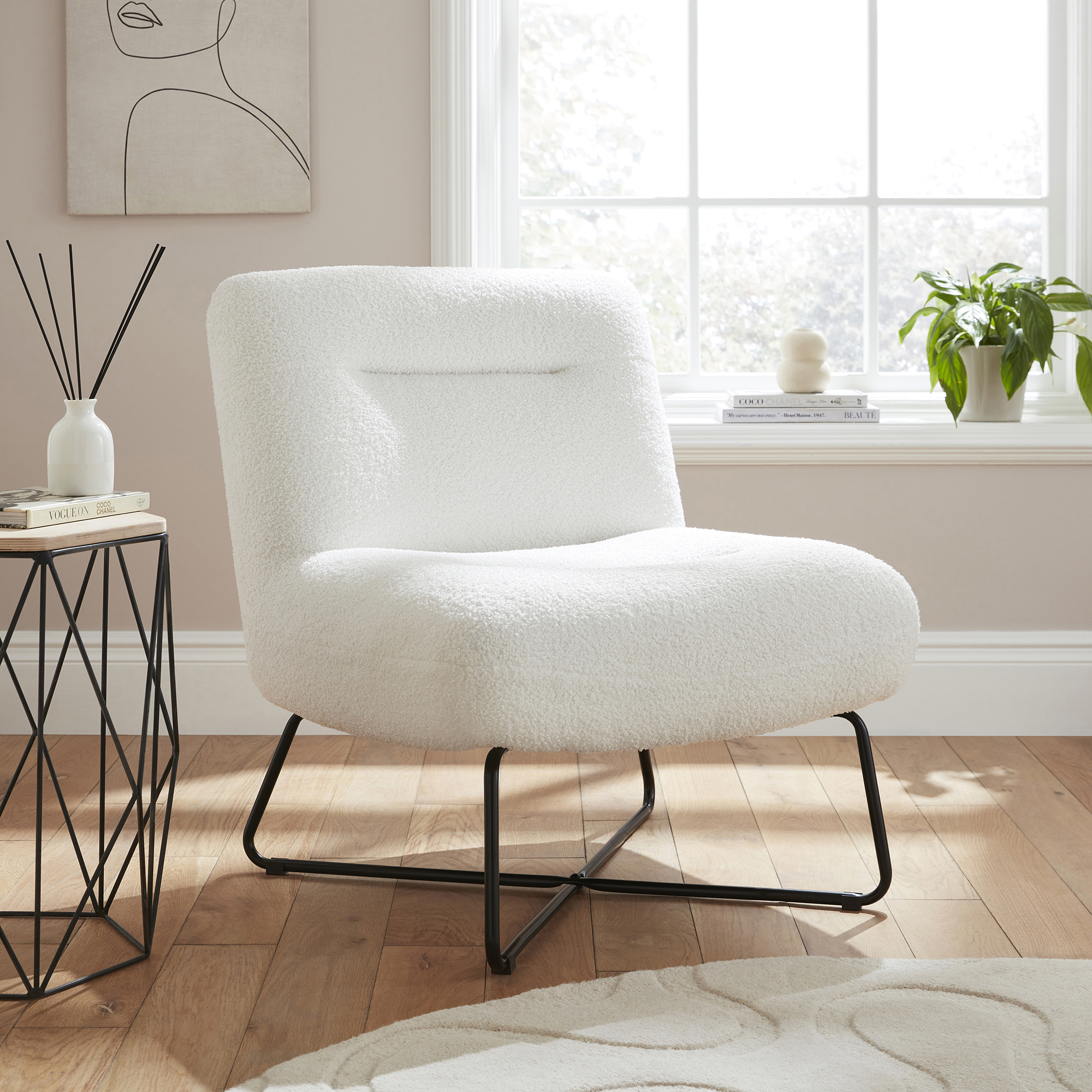 WILMO Boucle Teddy Accent Chair with Black Metal Legs - Cream - Campbell Craft