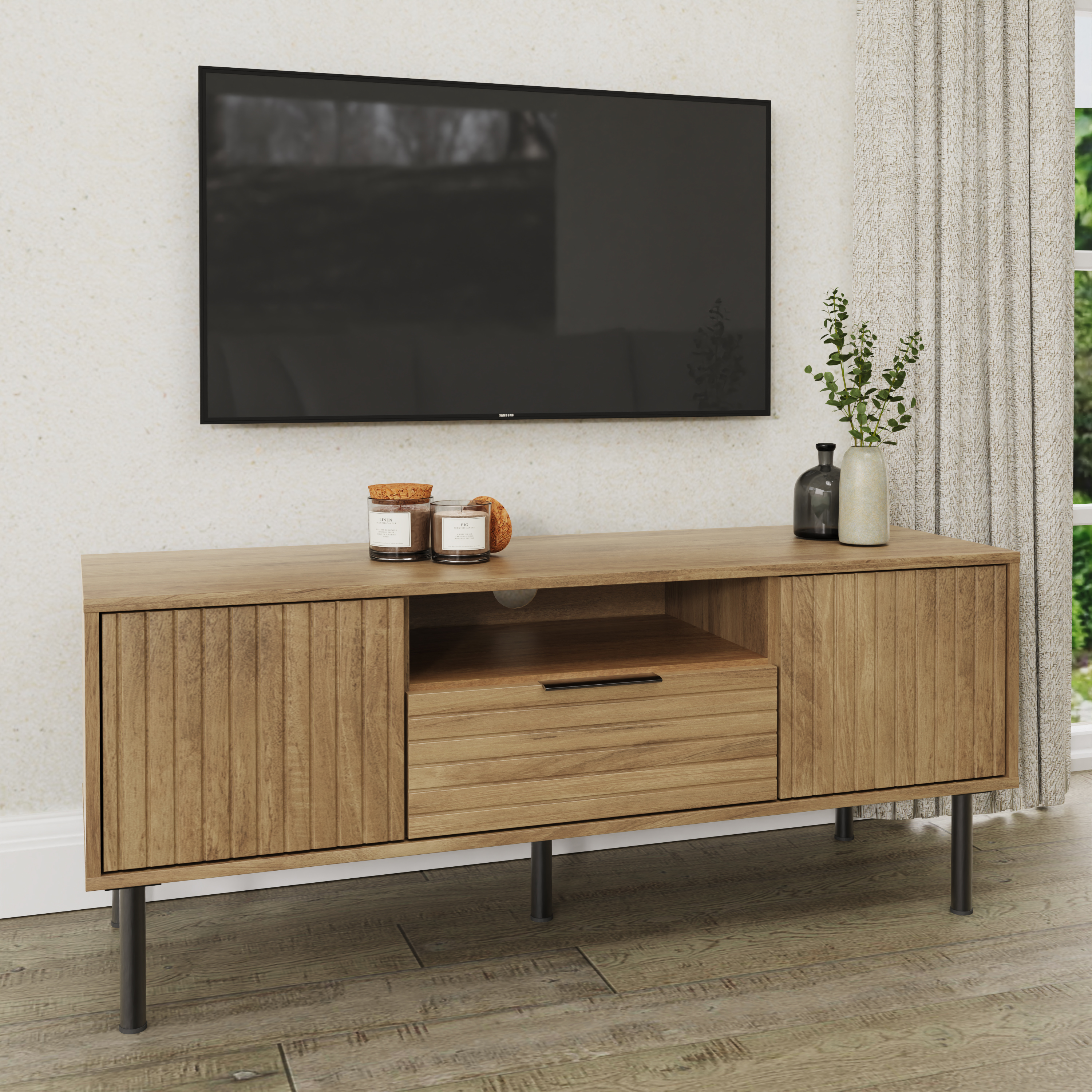 TV Stand - Lawson TV Unit With Door and Drawer Oak and Black - Campbell Craft