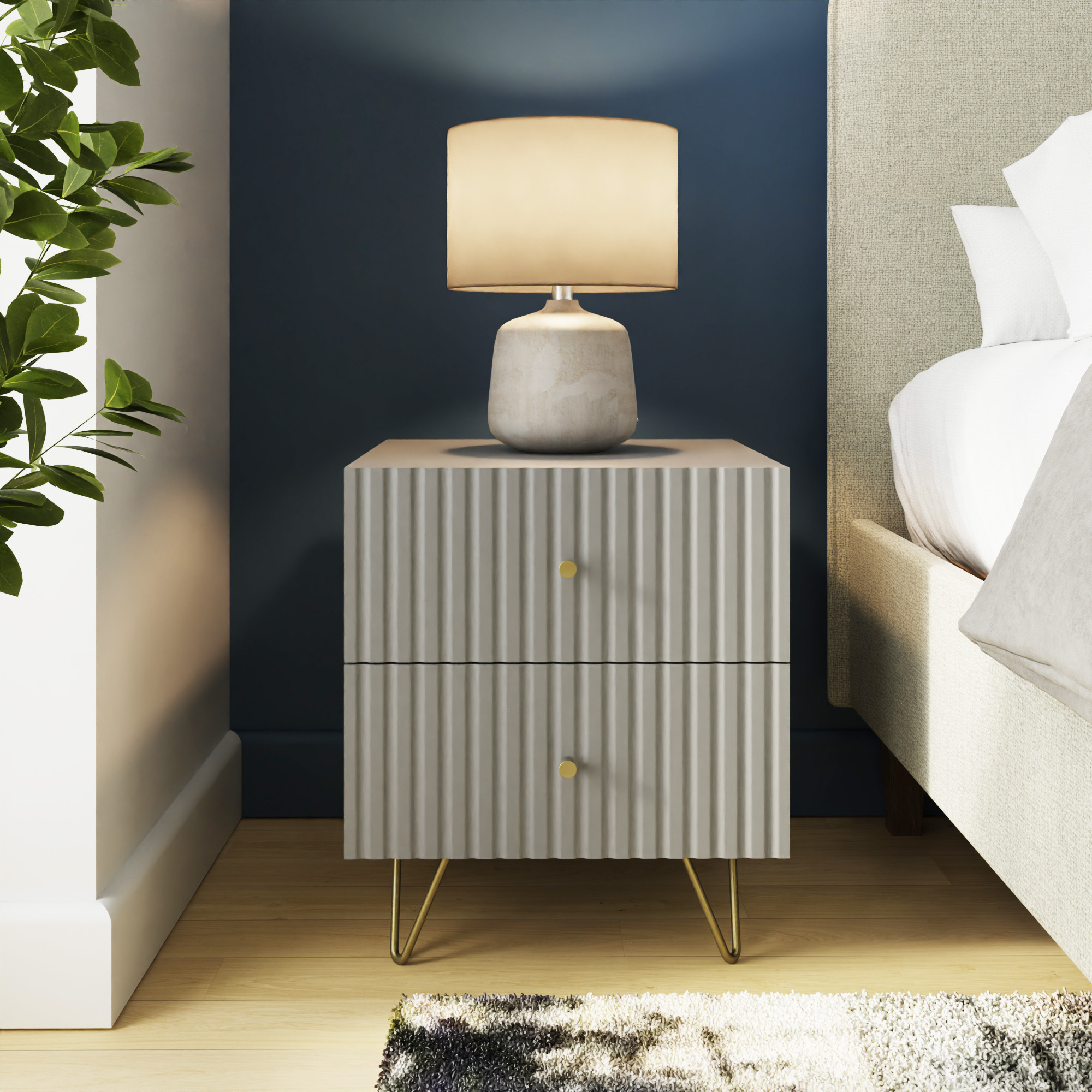 THARO 2 Drawer Bedside Table with Ribbed Front - Grey - Campbell Craft