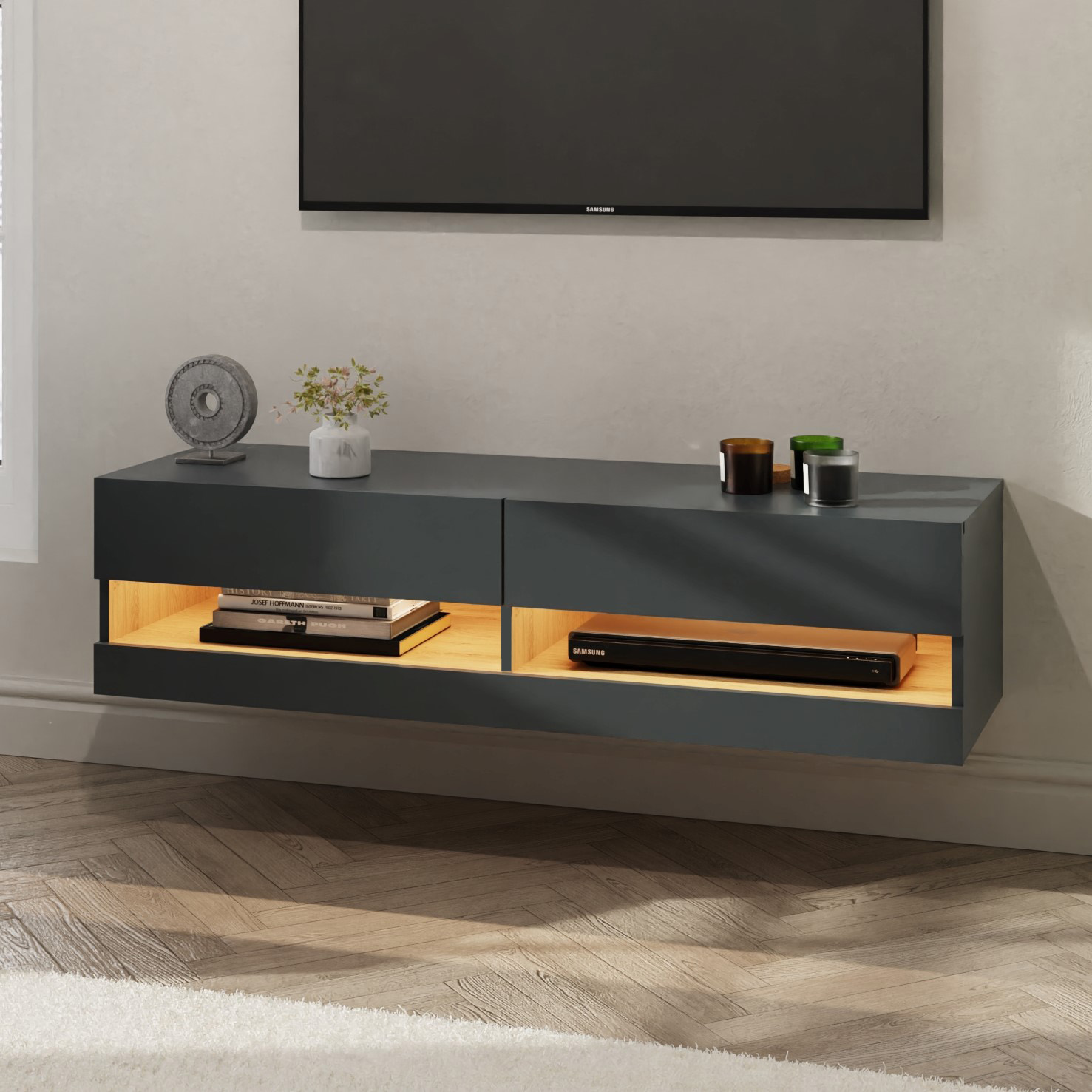 Sharyn Oak Touch 120cm Wall Tv Unit with LED Lights - Anthracite Finish - Campbell Craft