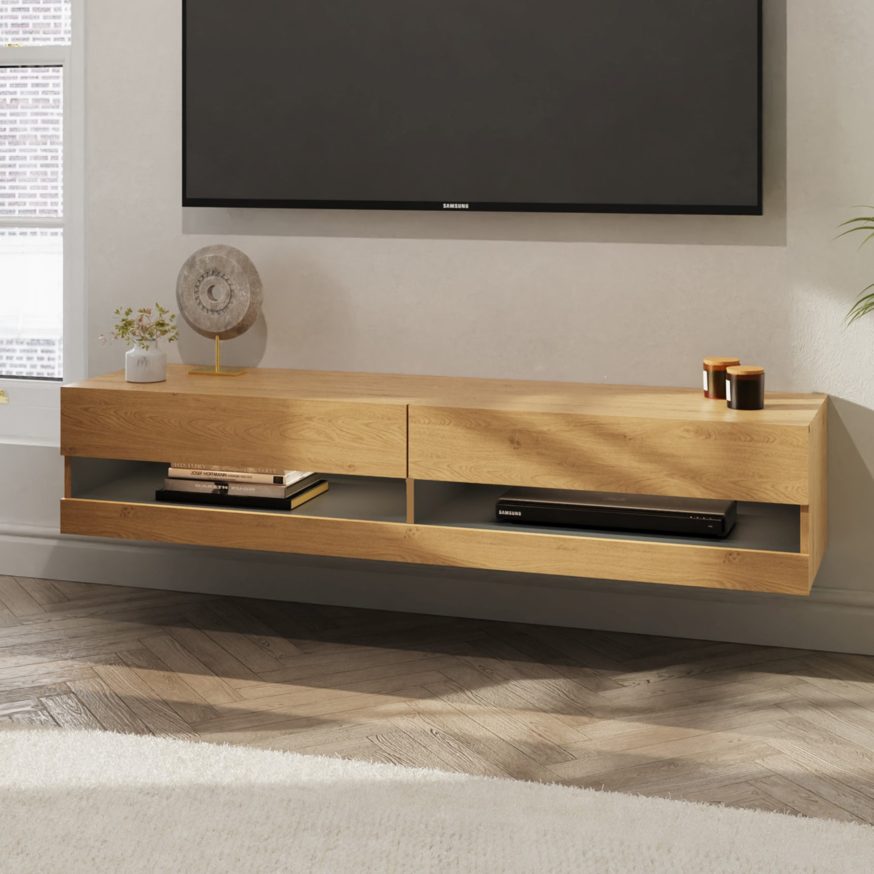 TV Stand - Jessica 180cm Wall TV Unit with LED Oak and Anthracite - Campbell Craft